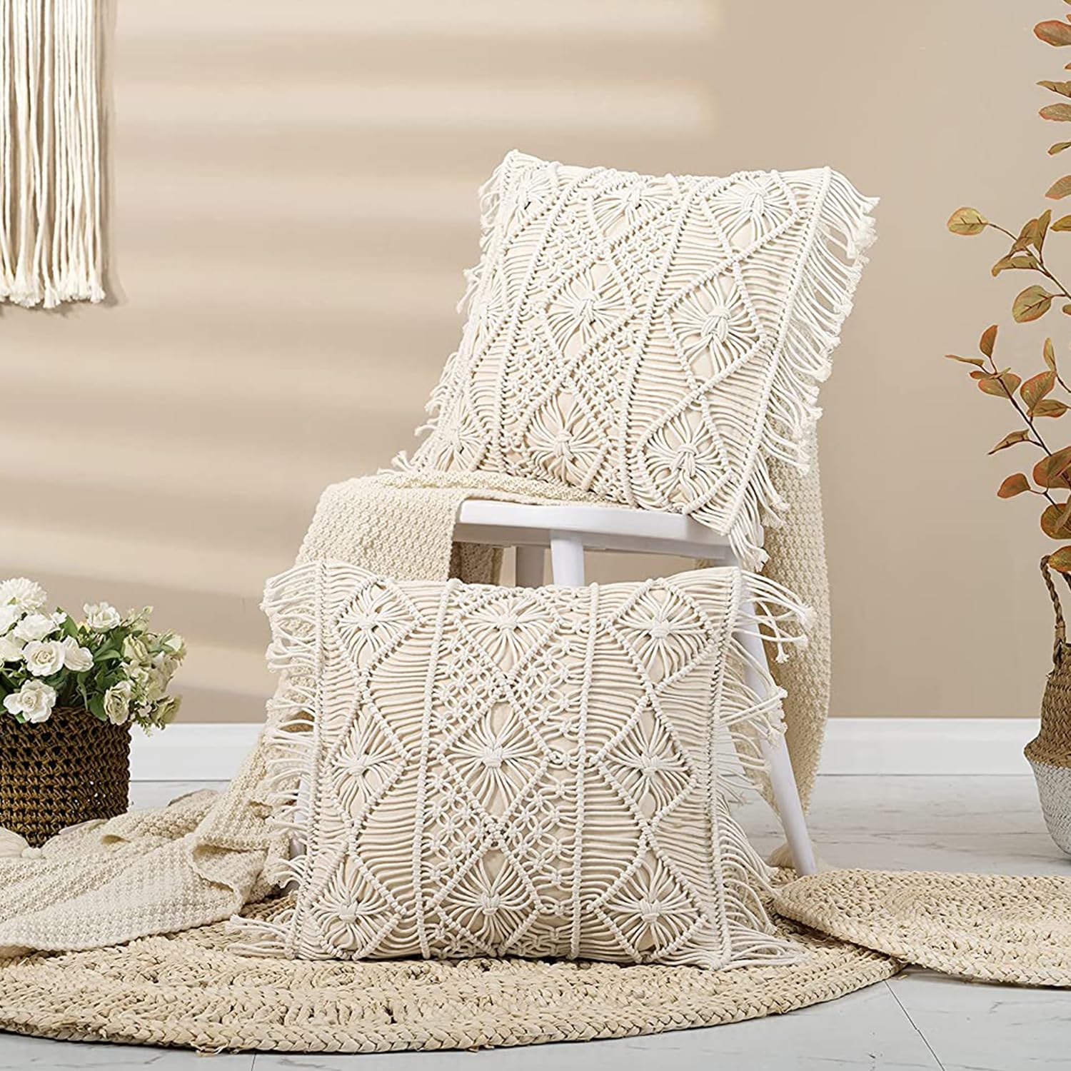 Kaahira Pure Cotton Boho Home Decor Macrame Cushion Cover | Premium Bohemian Throw Pillow Case for Sofa, Couch Bed, Living Room - (16x16, Off White) (2)-picture-12
