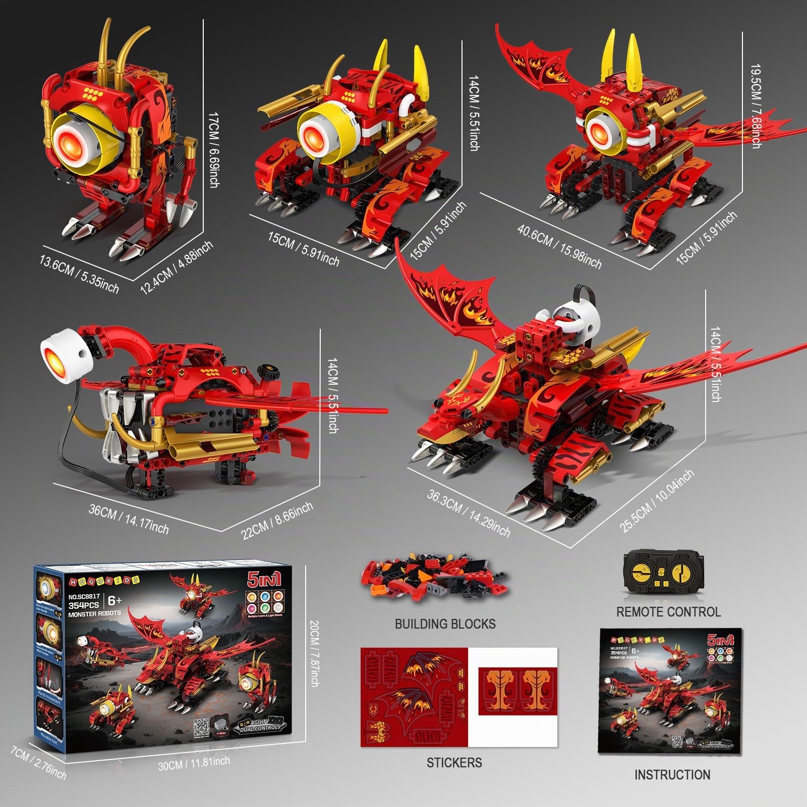 HOGOKIDS - 5 en 1 Juego de Bloques de construcción de Robot dragón con 6 Colores de iluminación y 5 Efectos de luz - 354 Piezas de Juguete Robot controlado por Control Remoto y App, Regalo para niños