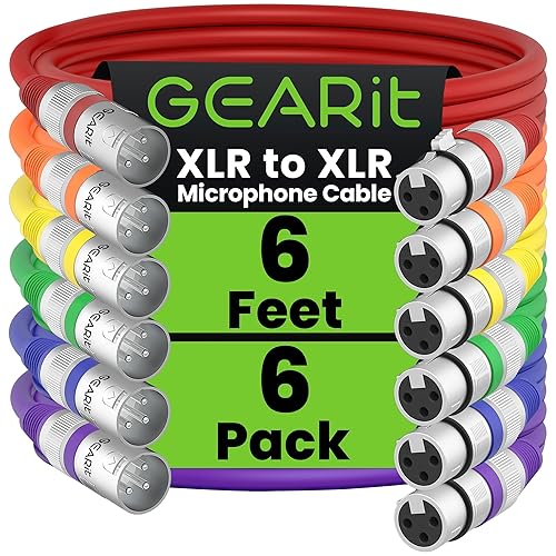 GearIT XLR to XLR Microphone Cable (6 Feet, 6 Pack) XLR Male to Female Mic Cable 3-Pin Balanced Shielded XLR Cable for Mic Mixer, Recording Studio, Podcast - Multi Colored, 6Ft, 6 Pack - 6 Feet