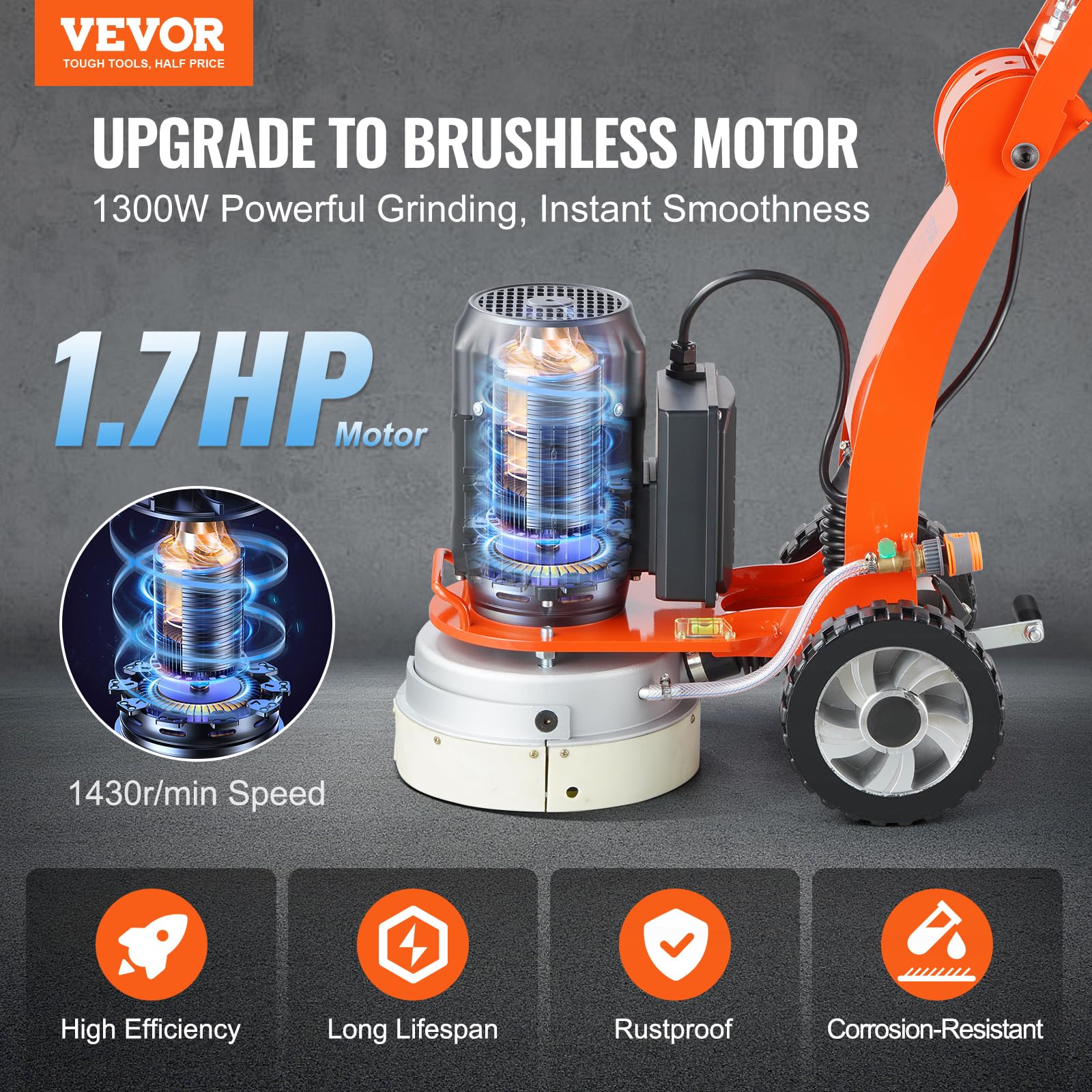 VEVOR Smerigliatrice Elettrica per Pavimenti in Cemento 250 mm Smerigliatrice con guida terra 3.0 HP Lucidatrice per Pavimenti, Smerigliatrice 2200W con Motore Brushless 1430 Giri/min Granito Marmo