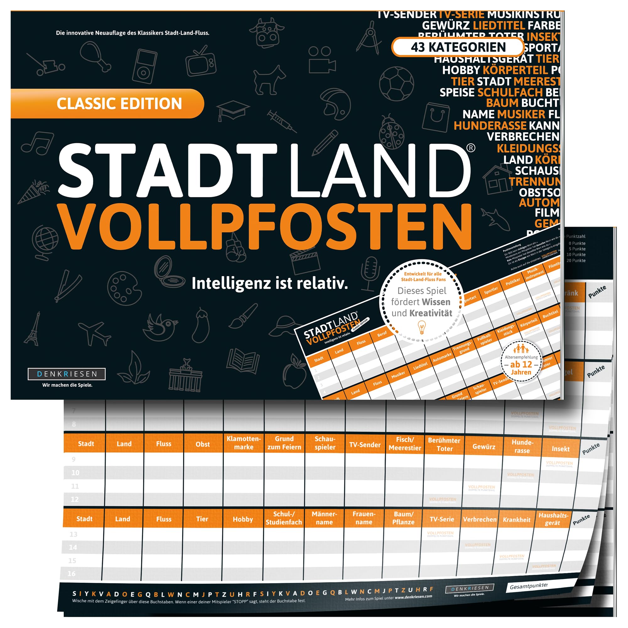 DENKRIESEN Stadt Land VOLLPFOSTEN® - Classic Edition | Familienspiel ab 12 Jahren | Wortspiel für 2-50 Spieler | Stadt Land Fluss | Gesellschaftsspiel & Partyspiel im XXL DIN A3 Format