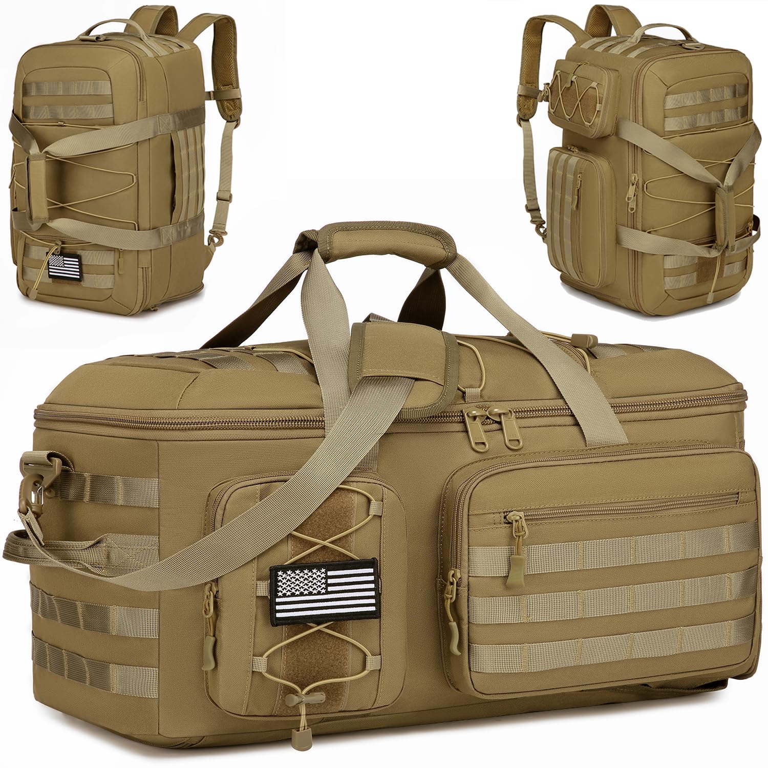 50L Turnbeutel für Herren, 3-in-1-Reisetasche mit Schuhfach, taktischer Militär-Rucksack für Übernachtung, Wochenender, Fitnessstudio, Reisen, Workout, Einsatz, Braun, 50L, Taktischer 3-in-1-Rucksack