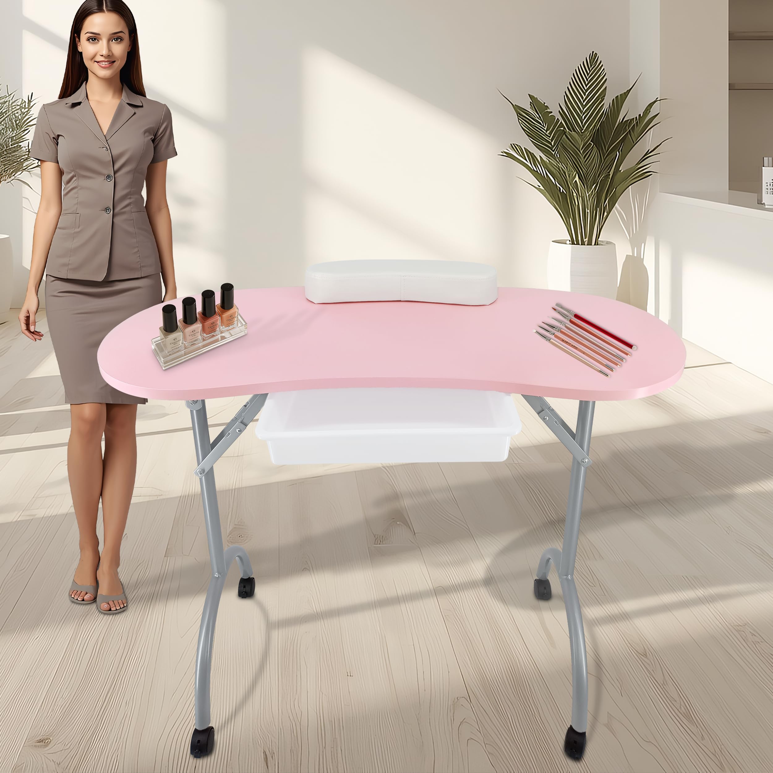 BELTOM® Mesa para manicura Plegable, con cajón y Bolsa de Transporte - 9,5 KG - 98 x 44 x 77 cm - Rosa
