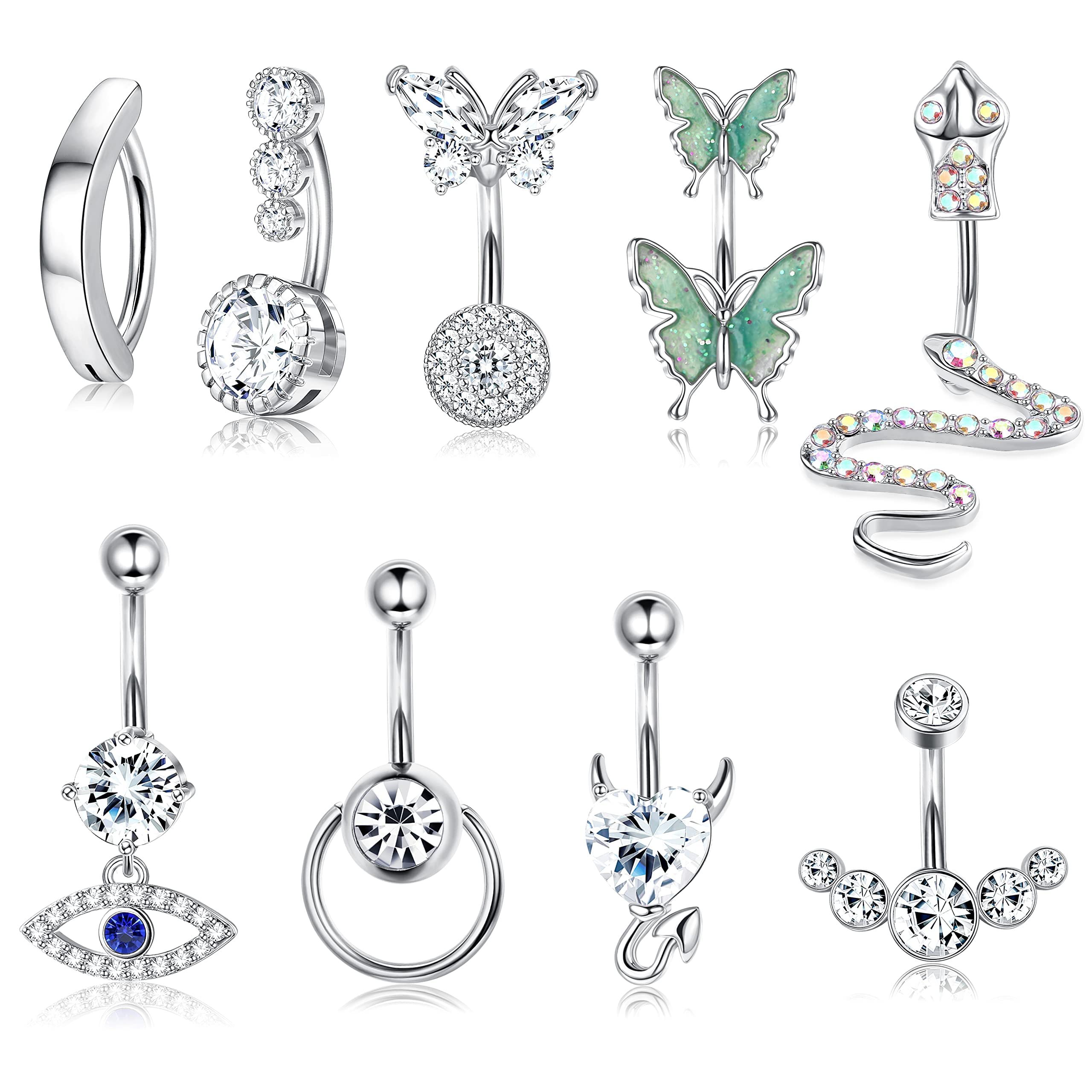 Diamday9 Pcs 14G Piercing Ombligo para Mujeres Niñas Acero Inoxidable CZ Barras de Vientre Ombligo Anillos Bananabells Curvas Piercing Joyería Piercing para Ojo Maligno Mariposa