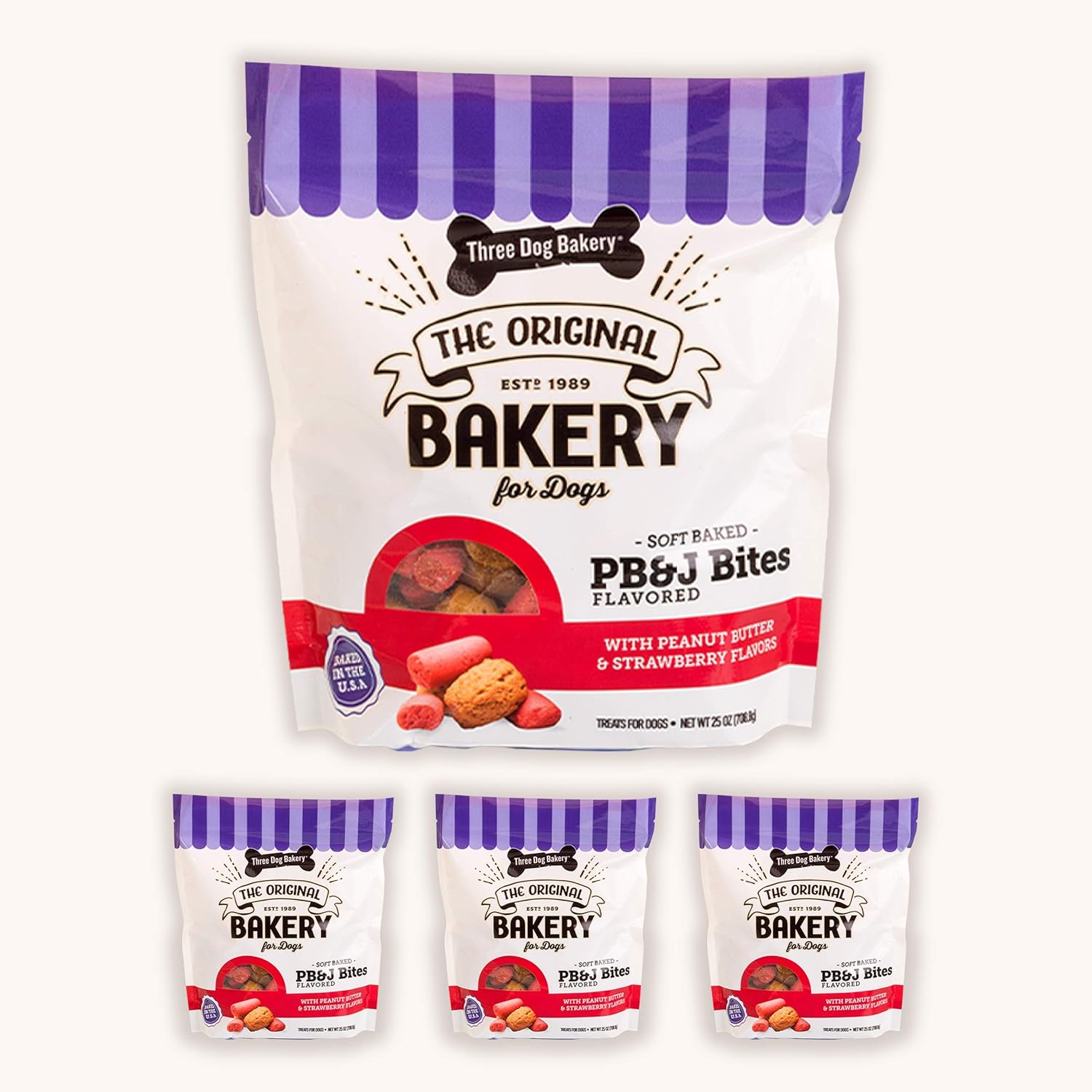 Three Dog Bakery Soft Baked PB&J Bites, Peanut Butter & Strawberry Flavor, Premium Treats for Dogs, 24 Ounce Box, 4-Pack