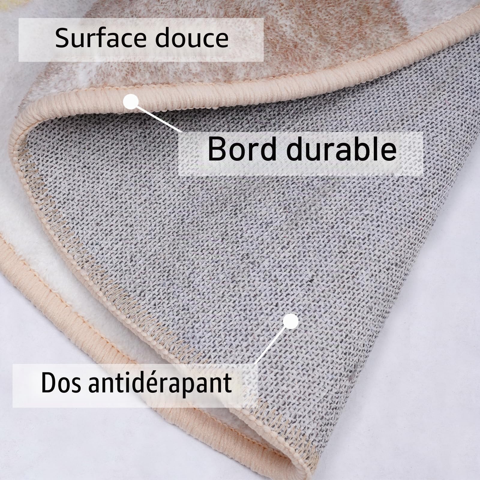 Tapis de salon, rond, 120 cm, design abstrait, beige, marron clair, marron foncé, dessous antidérapant, poils courts et doux, pour chambre à coucher