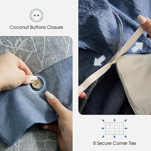 Miniatura 5 de Juego de funda de edredón tamaño King, mezcla de lino y algodón floral, con textura jacquard azul, fundas de edredón suaves con botón de coco (1