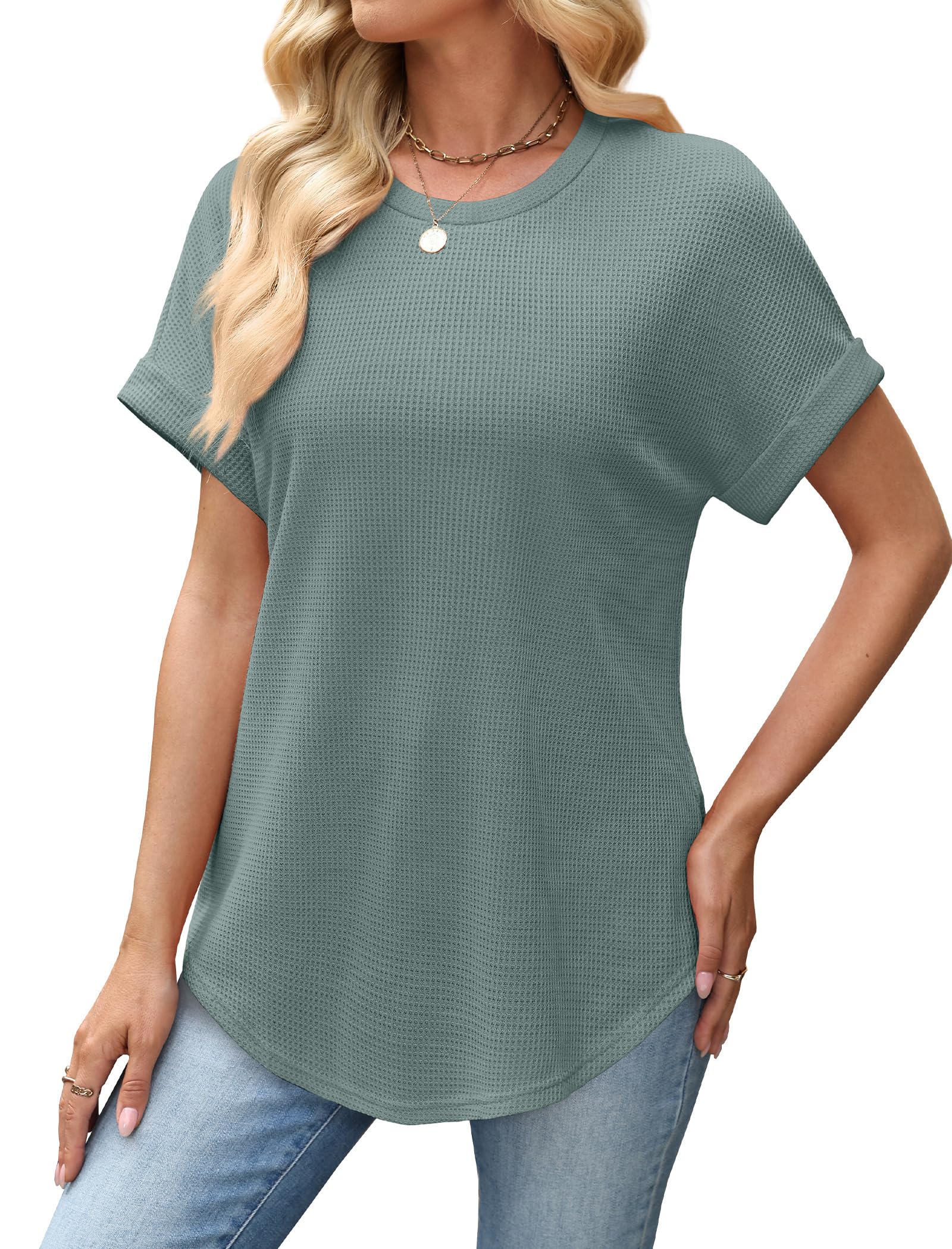 Sampeel Summer Tops for Women 2026 Trendy Rolled Short Sleeve Shirts Waffle Knit Crew Neck Tops Curved Hem Fashion Clothing