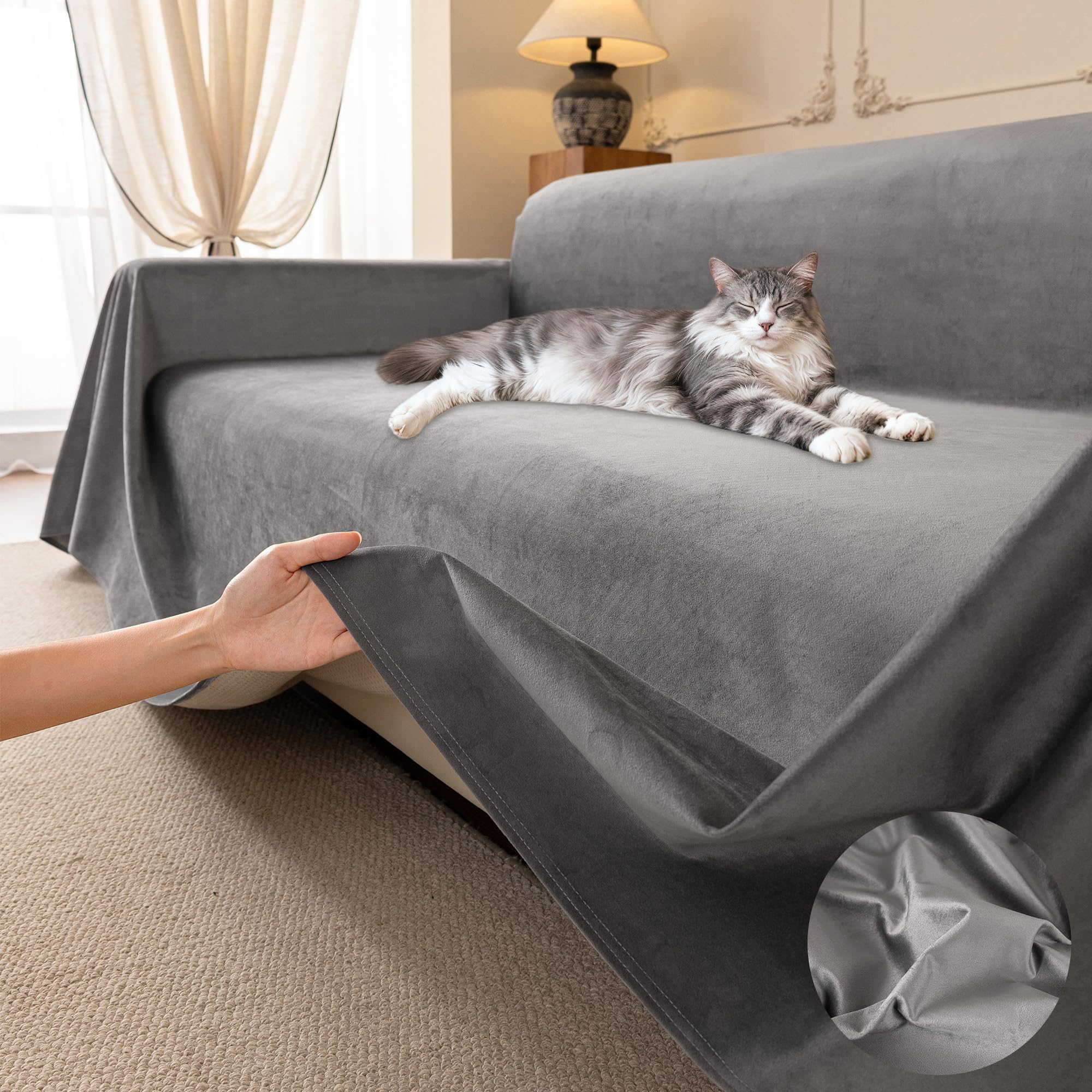Loiion Anti Cat Sofa Covers, Protector Sofa Cover, Comfortable and Soft, Sofa Covers 3 Seater, Sofa Cover Cats and Dogs Pets, Waterproofab Protective Sofa Cover Grey 340 x 180 cm