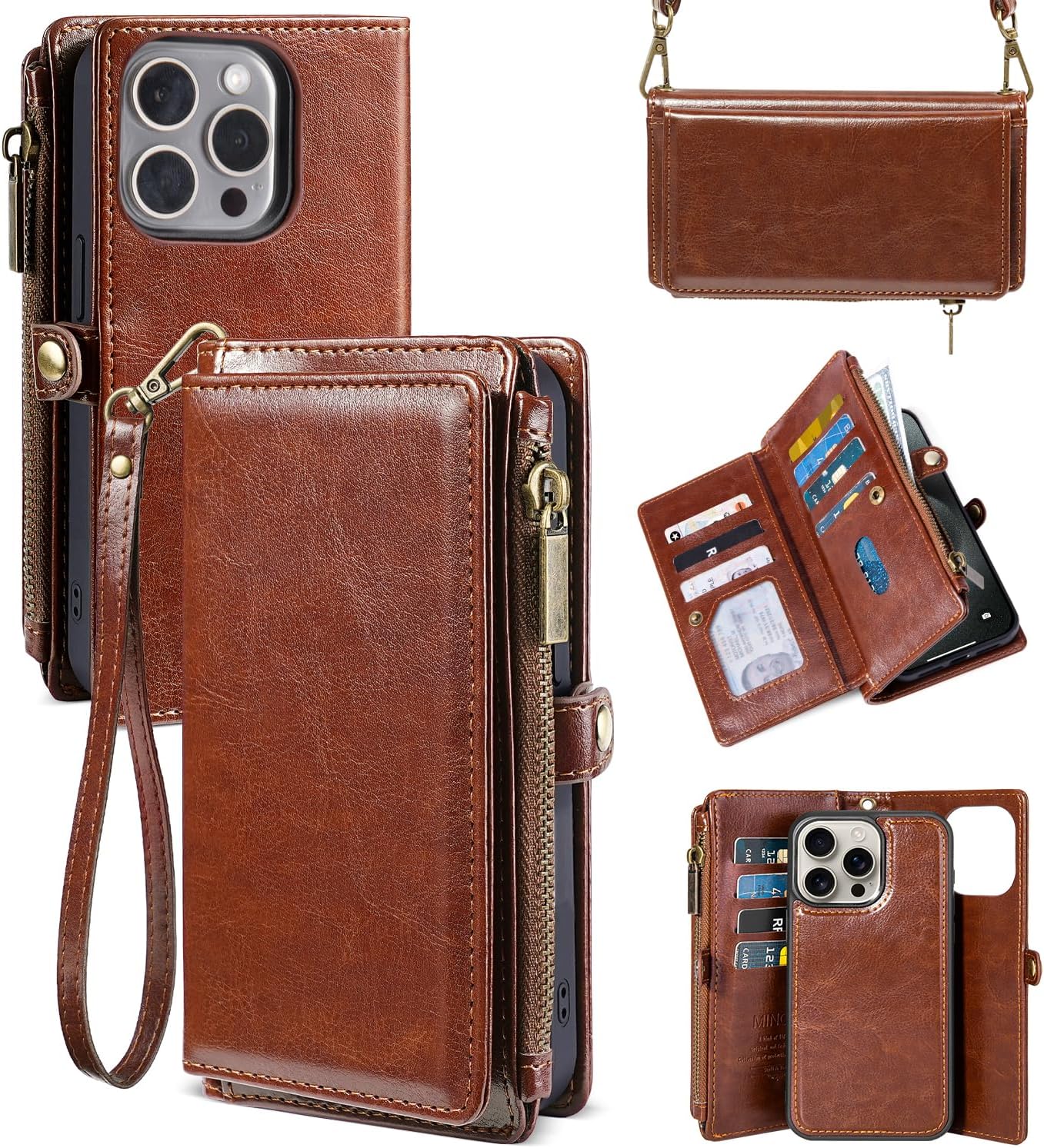 MInCYB for iPhone 14 MagSafe Wallet Case – Detachable Magnetic Wallet with RFID Blocking, PU Leather Zipper & Strap for Women Men. Brown