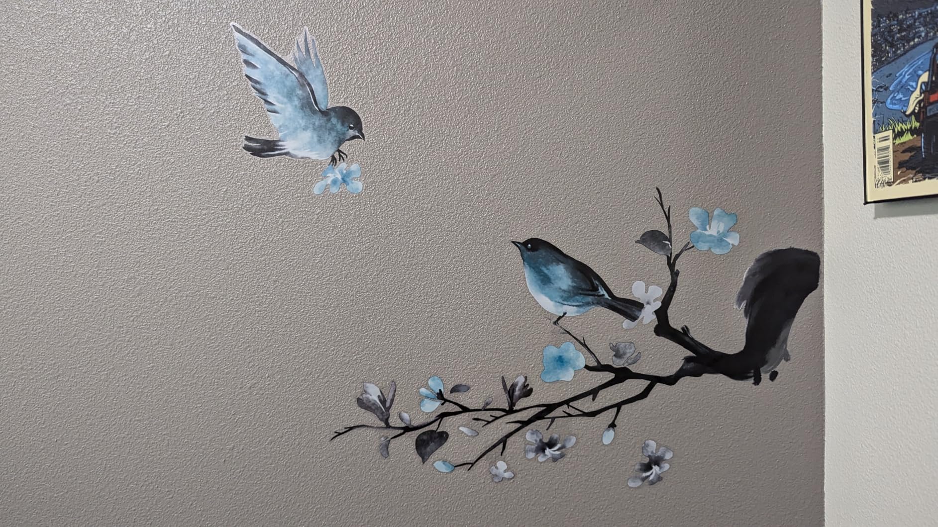 Decalmile Watercolor Blue Flower Wall Decals – Blossom Bird Tree Branch Stickers, 8 Sheets, 21x30cm Each, Removable, Matte Finish – For Living Room, Sofa, TV Background & More