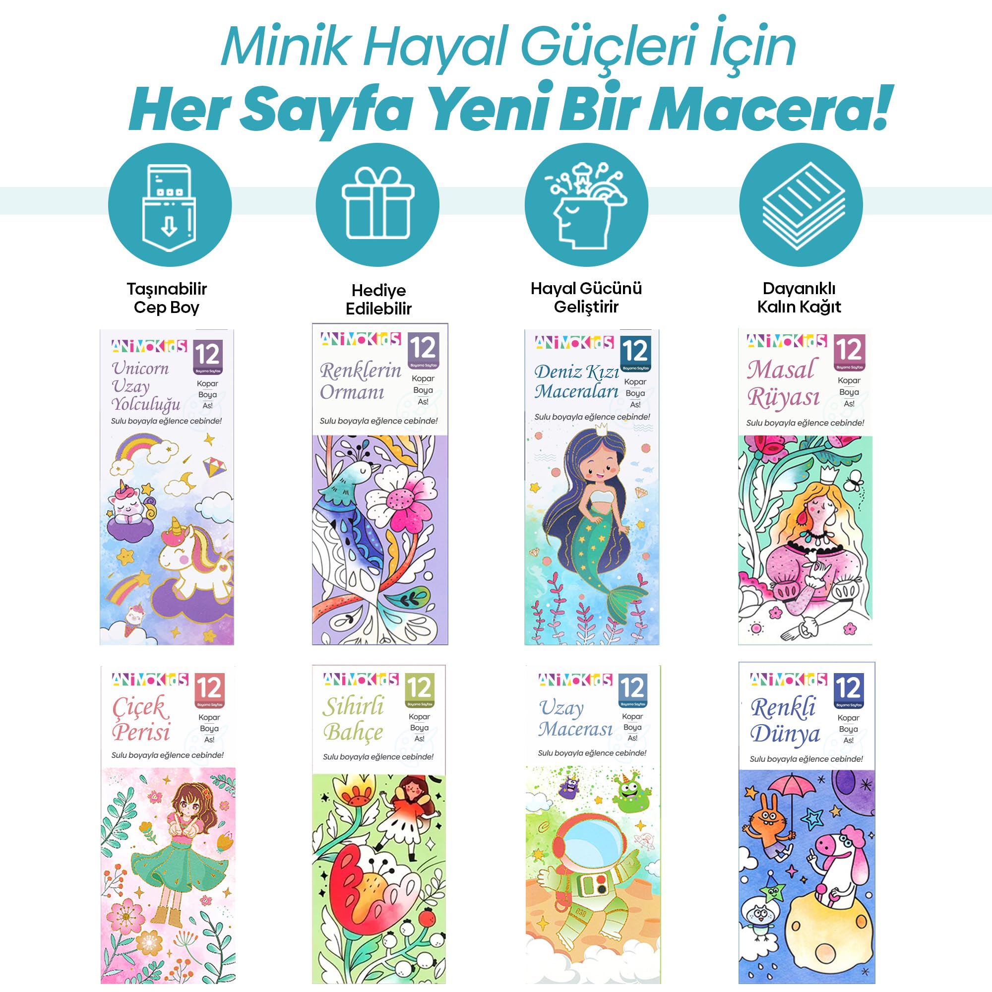 Animokids Renk Paletli Sulu Boya Kitabı + Fırça, 12 Sayfa Boyama Kitabı, Aktivite Boyama Seti, Çocuklar için Yeni Nesil Sulu Boya Defteri (Deniz Kızı)