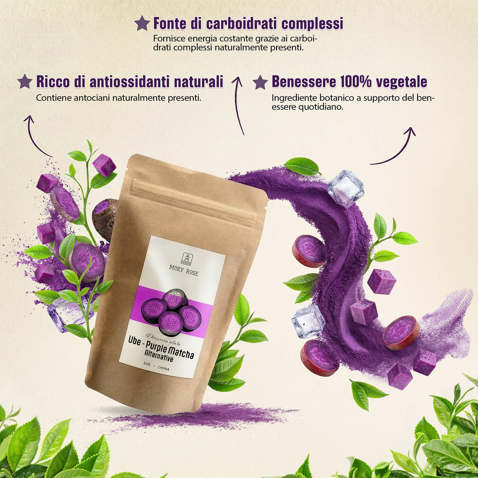 Mary Rose Purple Matcha Alternative Ube 50 g – 100% Ube in Polvere Viola Naturale, Senza Caffeina, Gusto Dolce e Cremoso, Ideale per Latte, Bevande e Dessert Creativi