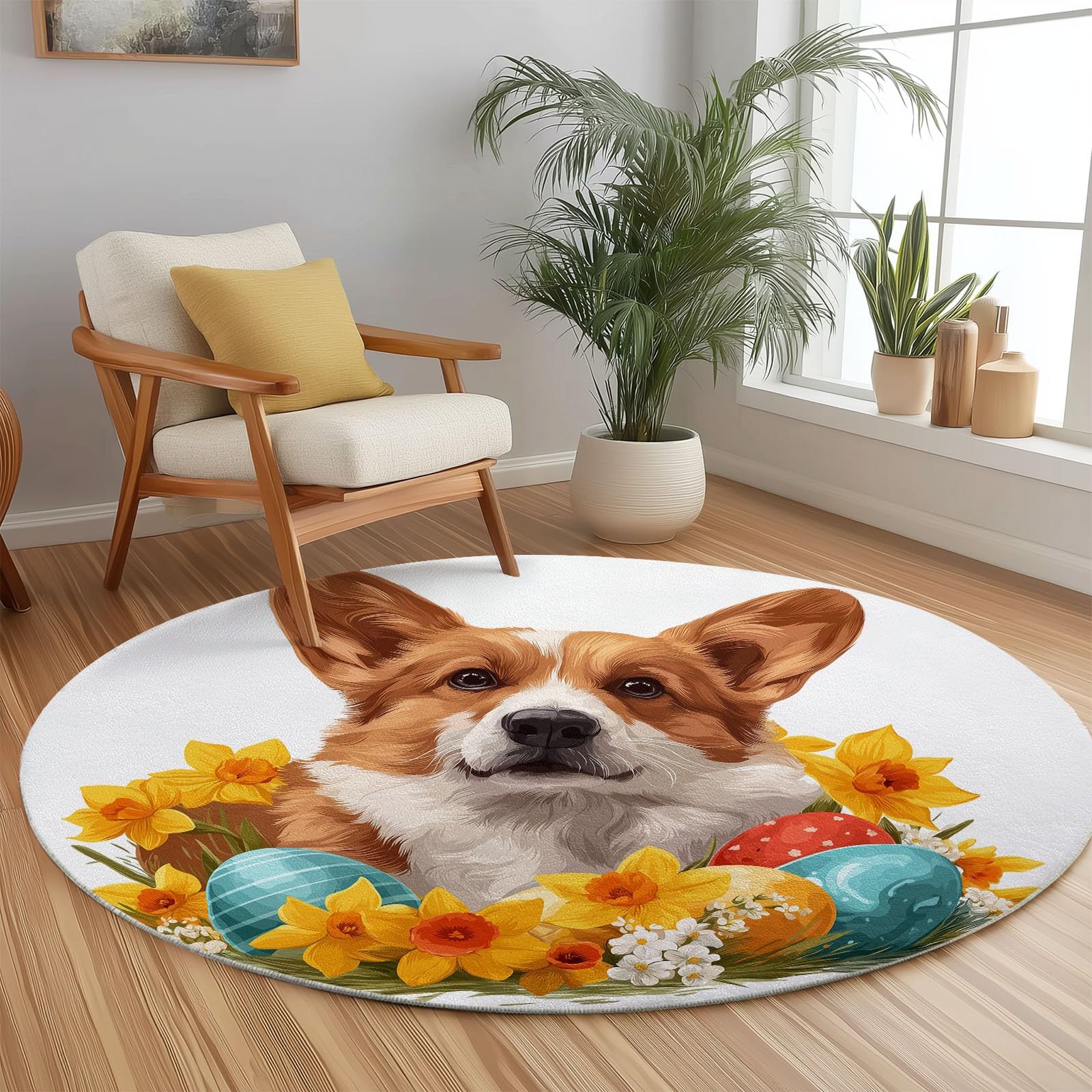Dywan do salonu okrągły Corgi Akwarela Pisanki Kwiaty 160 cm Okrągłe dywaniki do salonu, biały zmywalny dywan do wnętrz miękki - do sypialni, kuchni, stołu w jadalni