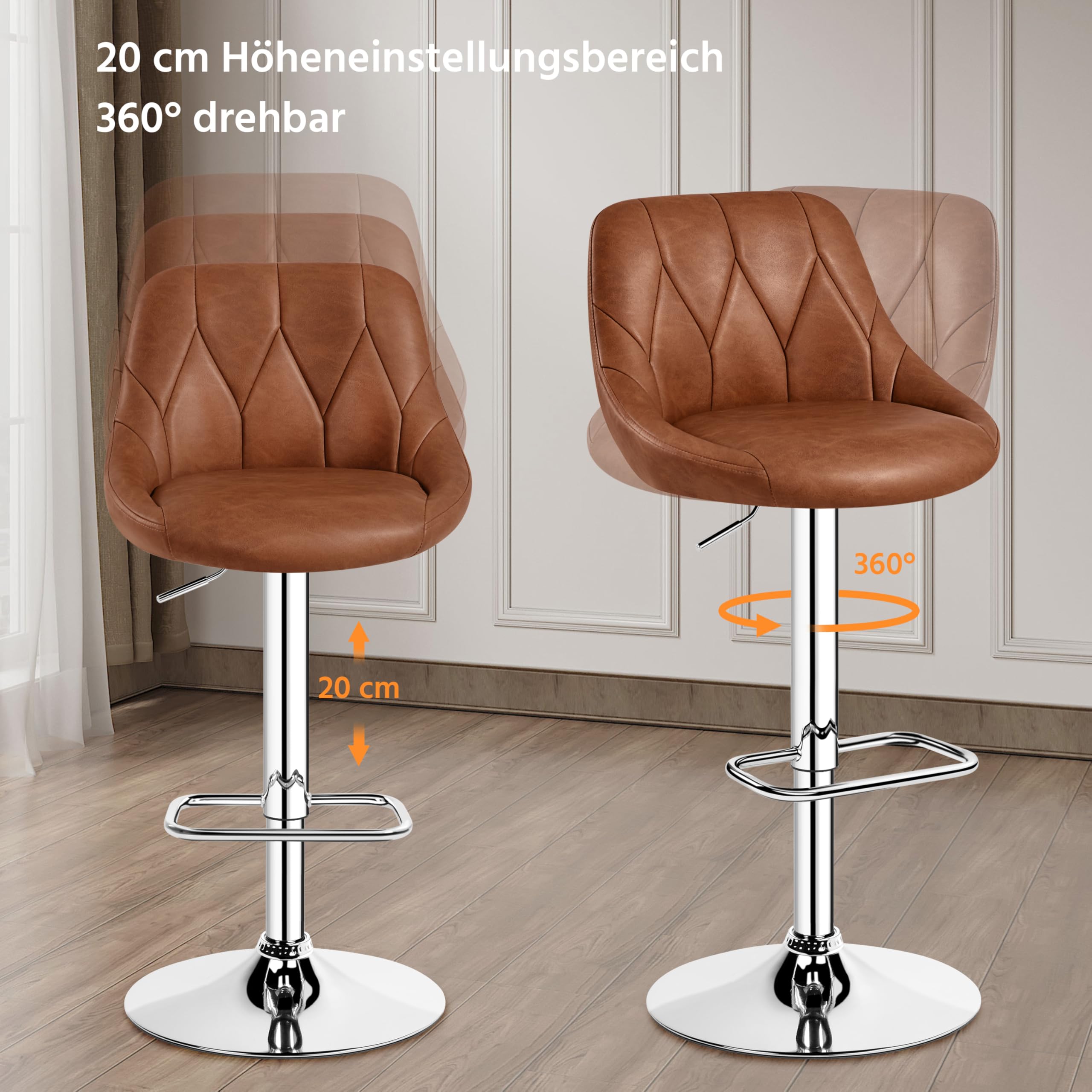 Yaheetech Barhocker 2er Set höhenverstellbarer Barstuhl 360° drehbarer Tresenhocker Polsterhocker mit Kunstleder für Küche/Bar/Salon/Esszimmer, braun