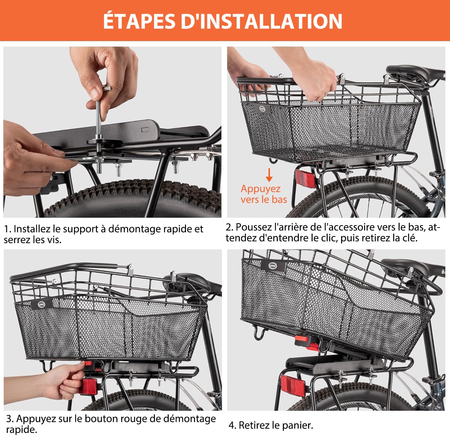 CXWXC Panier de vélo arrière à poignée avec système de Serrage Rapide, Grand Panier avec Filet de Transport et Housse étanche pour Porte Bagages
