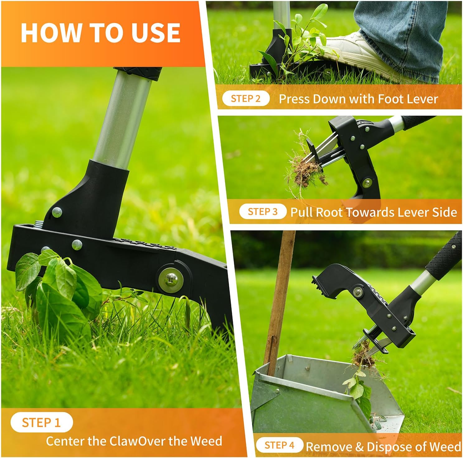 Weed Puller Tool, Gardening Stand-Up Weeder Puller with Ergonomic 39" Long Handle and 4 High-Strength Stainless Steel Claws, Easily Weeds Without Bending, Pulling, or Kneeling（Black）