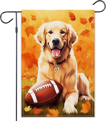 Miniatura 1 de Balgardekor Bandera de jardín de otoño de fútbol Golden Retriever para exteriores, bandera de arpillera de bienvenida para exteriores, decoración de