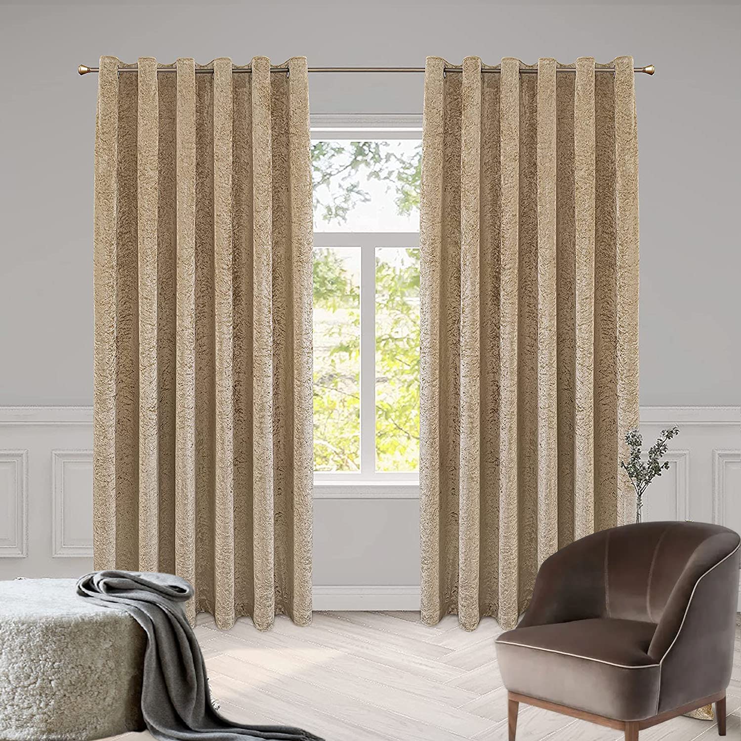 Luxury Crushed Velvet Curtain Eyelet Ring Top Pair of Fully Lined Curtains Beige 66x54