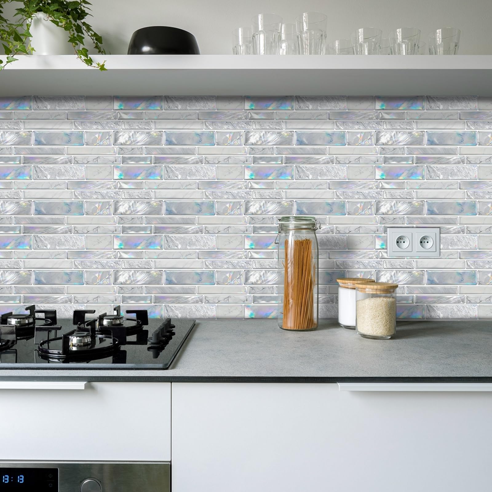 Stick on Kitchen Tiles 12x24 cm Silver Gray Brick Peel and Wall Waterproof PVC for Fireplace Surround Furniture Decoration Tile Stickers Backsplash 20 Pcs