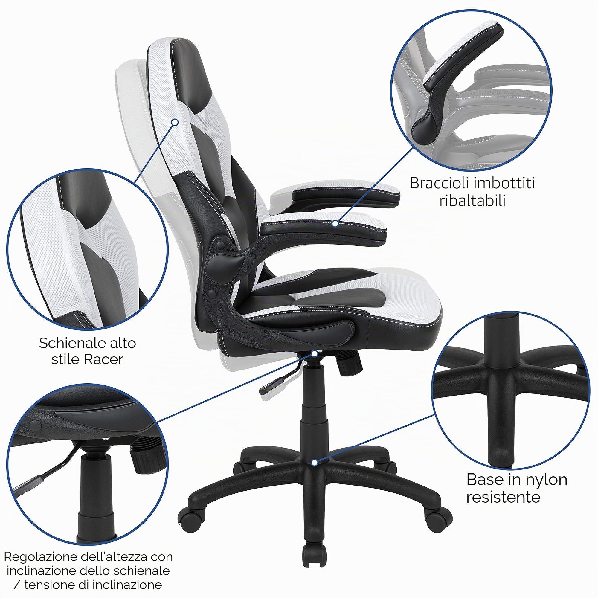 Flash Furniture Sedia ergonomica da gaming X10, sedia da ufficio per postazioni PC e gaming, sedia da gaming regolabile con schienale di supporto, in ecopelle, sedia da gaming bianca/nera