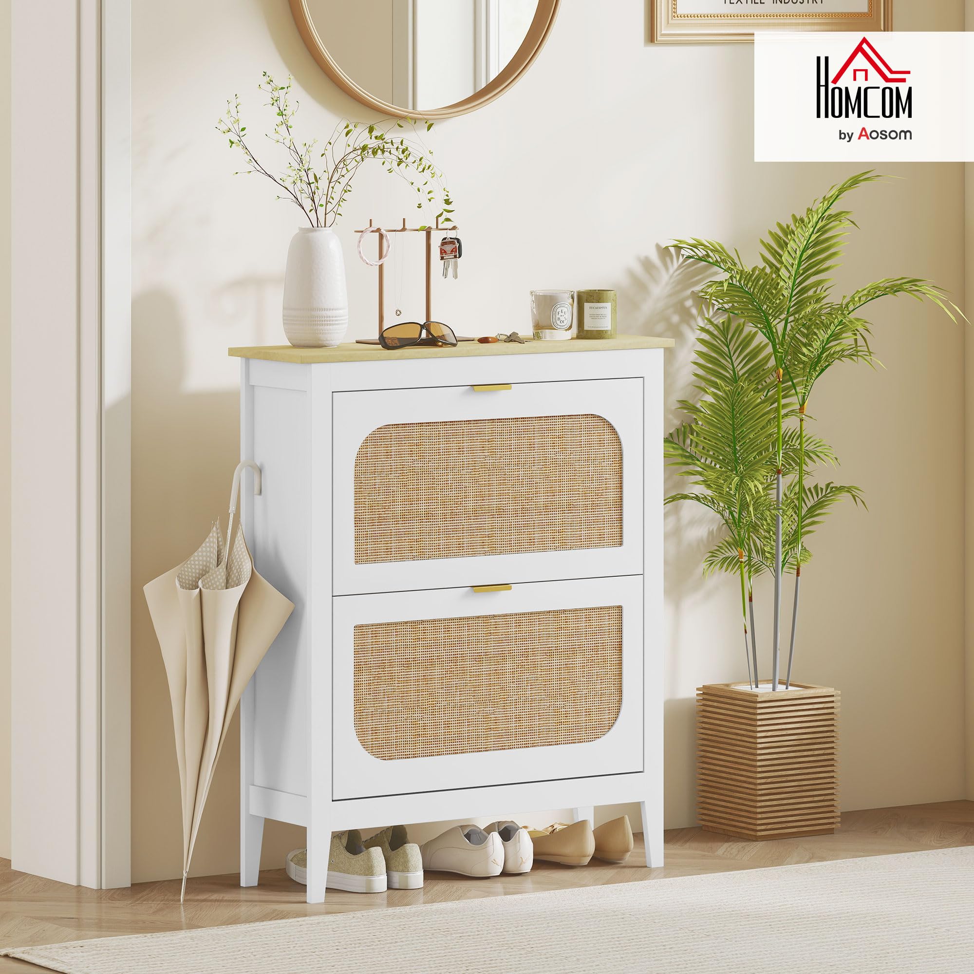 HOMCOM Scarpiera Salvaspazio Slim con 2 Ante a Ribalta Stile Boho in Rattan Scarpiera Ingresso con Ripiani regolabili a 2 livelli Porta Scarpe per 14 paia con maniglia, 80x24x95.5 cm, Bianco