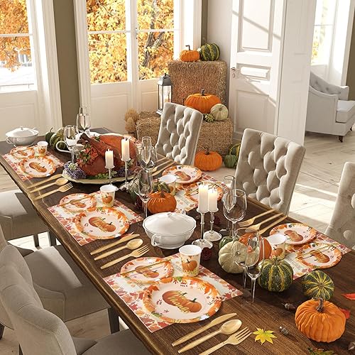 Miniatura 6 de 192 platos desechables para fiesta de Acción de Gracias, 24 platos de papel, tazas, popotes, servilletas, cuchillos, tenedores y cucharas, juegos de