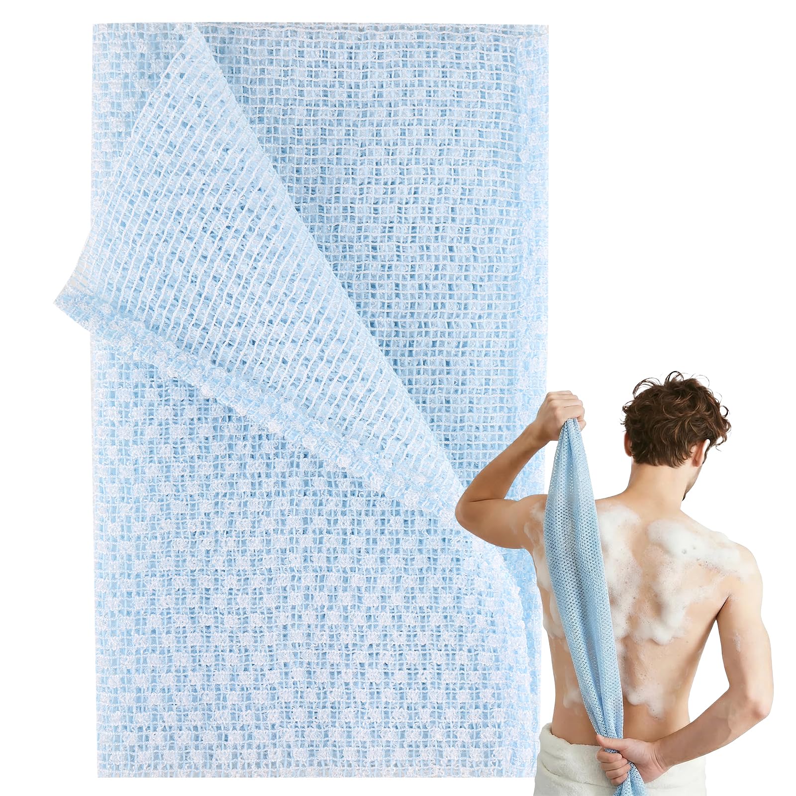 Lafefe Exfoliating Shower Towel Extra Long Body Scrubber Blue 1Pcs