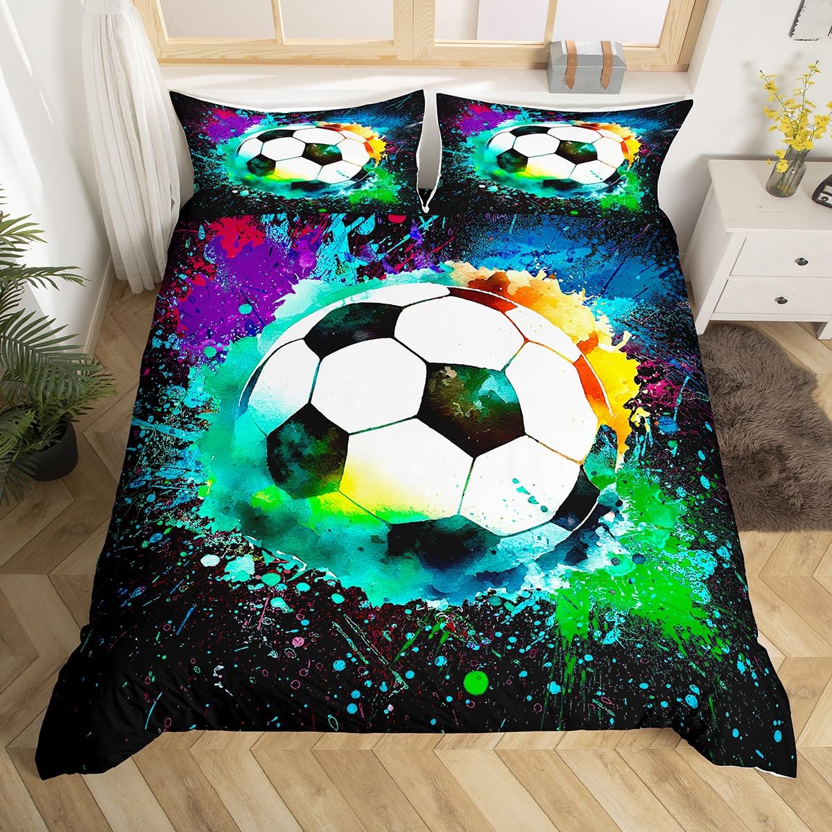 jejeloiu Football Kids Comforter Cover Set Queen Size Colorful Bedding Set for Boys Girls Teens Decor Soccer Ball Pattern Duvet Cover Set Sports Theme Bedspread Cover (No Comforter)
