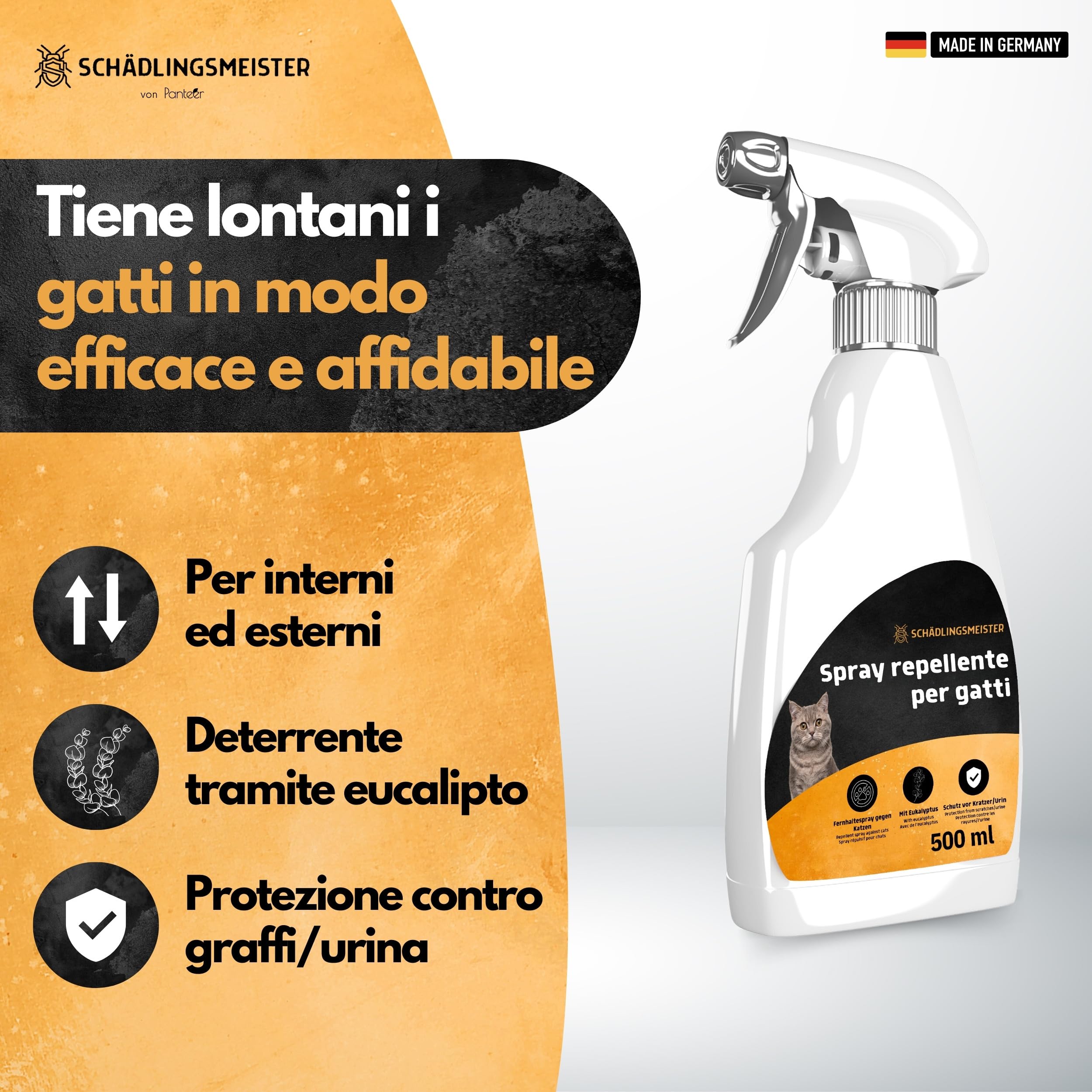 Panteer Spray repellente per gatti 500ml - PROTEZIONE A LUNGO TERMINE CONTRO L'URINA - Allontana i gatti con eucalipto - Scaccia gatti - Repellente per gatti da esterno - Deterrente per gatti