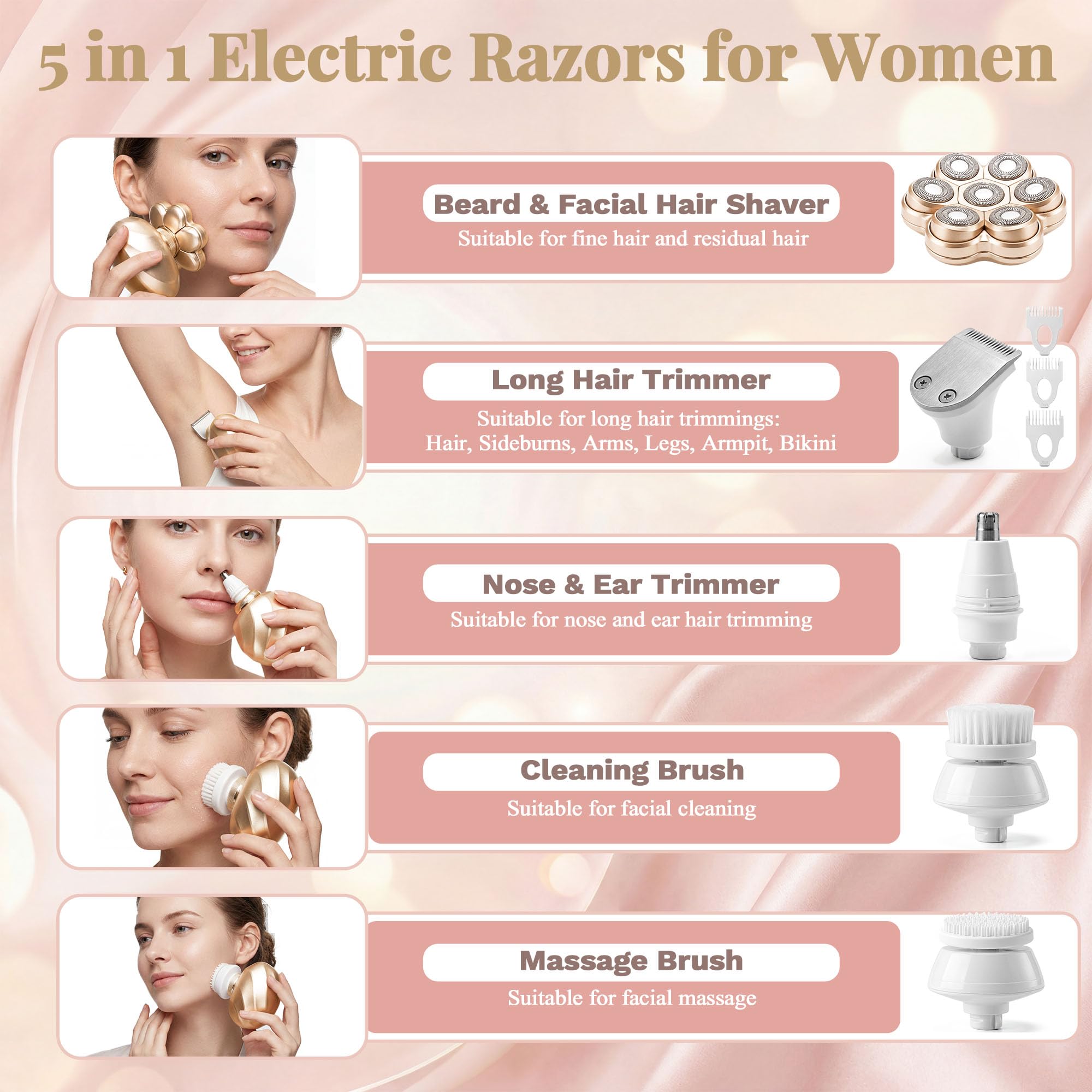 5-in-1 Electric Shaver for Women, 7D Wet/Dry Rechargeable Razor