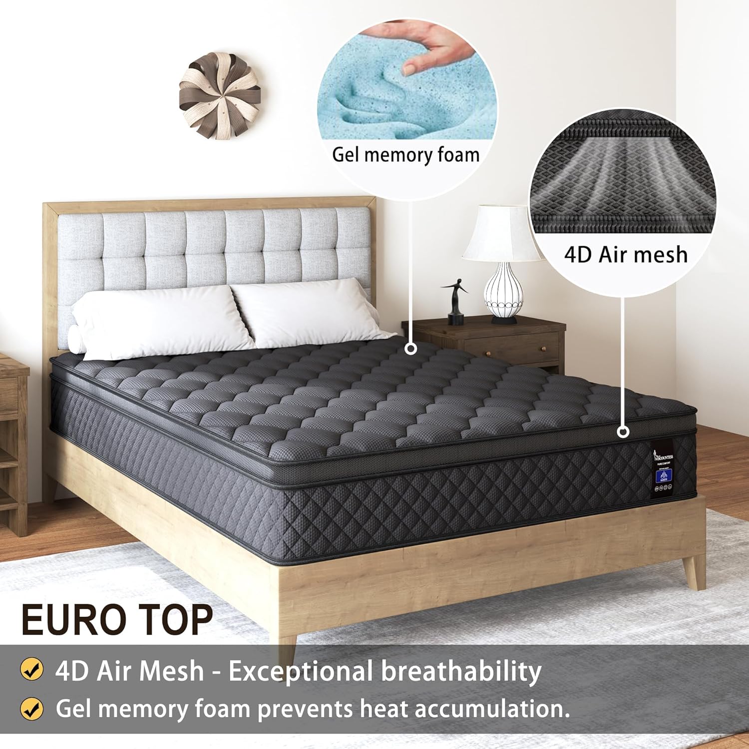 VISCOUNTESS King Mattress 14 Inch,Hybrid Mattresses Euro Top Medium Firm for Back & Lumbar Support, 100 Night Trial, Individual Pocket Spring Bed for Motion Isolation & Pressure Relief Black