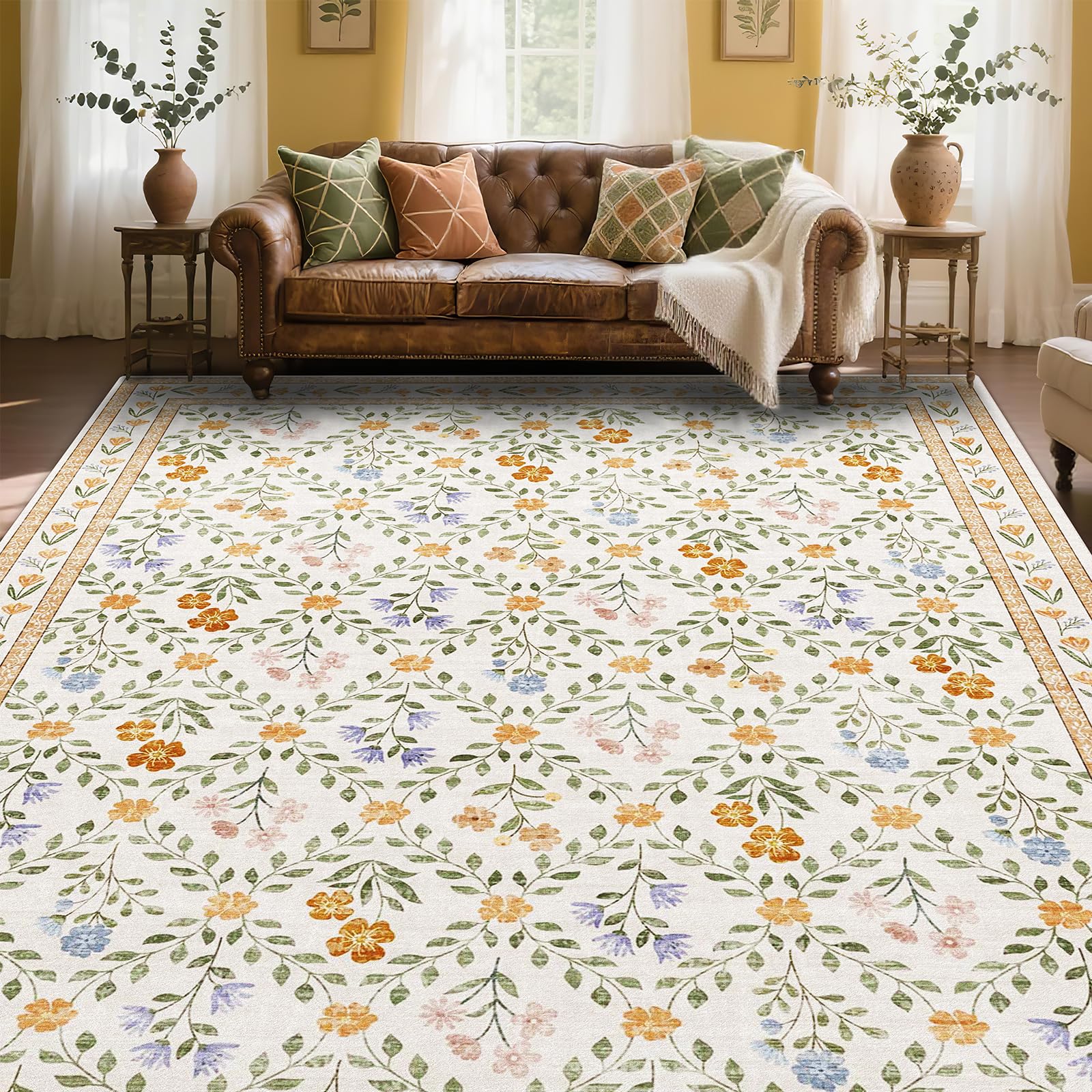 XSIVOD Floral Rugs for Living Room, Boho Washable Area Rugs for Bedroom, Non Slip Vintage Rugs for Dining Room Home Office, Soft Low Pile Floor Carpet for Home Decor, 240x300 cm, Beige/Lattice