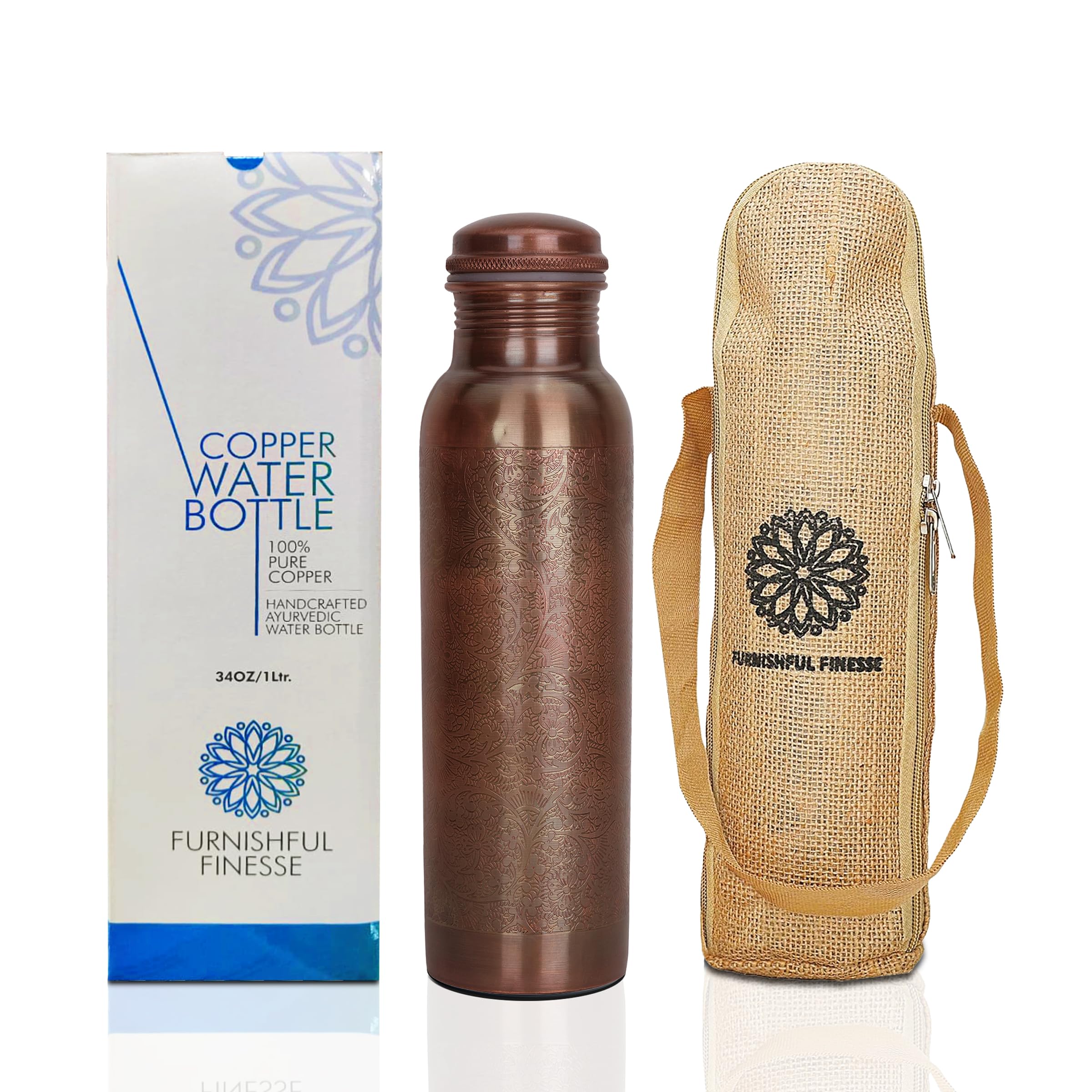 34 Ounce Antique Copper Bottle 1000 ml Pure Copper Water Bottles with Canvas Carry Bag for Sports, Gym Yoga, Hiking, Handmade Antique Ayurvedic Vessel 1 liter - Pack of 1