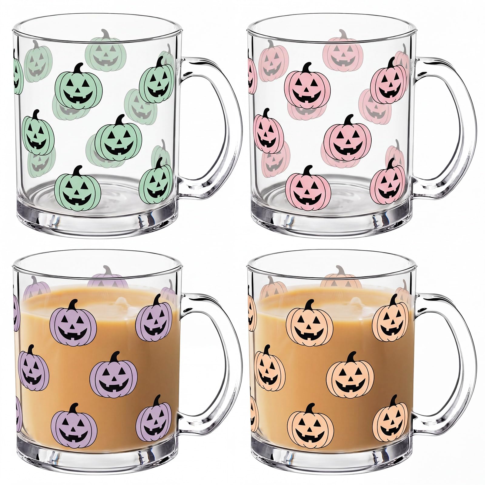 RimCereal 4 Pcs 12oz Pastel Halloween Glass Coffee Mugs with Handle | Pastel Pumpkin Mugs…