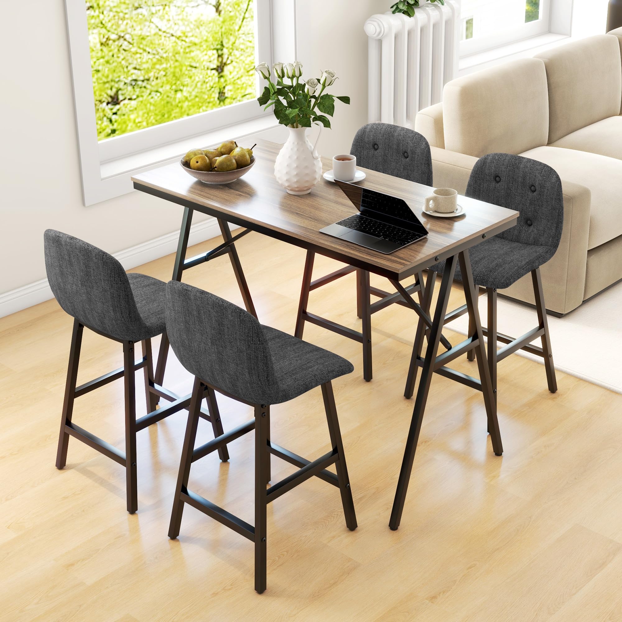 HOMCOM Table de Bar avec Tabouret de Bar, Ensemble de 5 pièces pour Manger, Table de Cuisine, Table de bistrot avec 4 chaises, Ensemble de Tables de Bar pour Cuisine, Salon, Acier, Gris foncé, 120 x