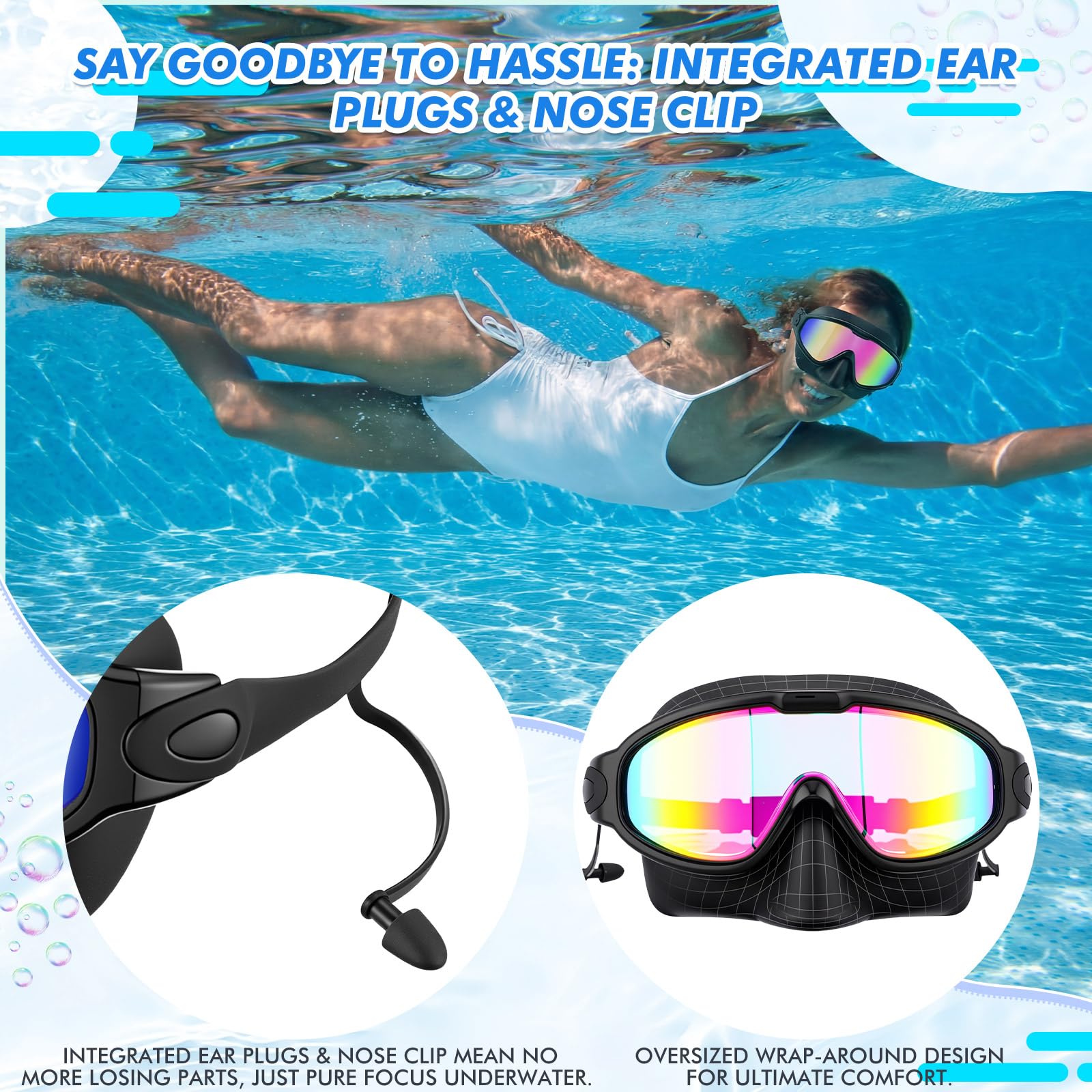 Kanayu Paquete de 2 gafas de natación con cubierta para la nariz, tapones para los oídos para adultos, visión amplia, antivaho, gafas de natación UV, sin fugas, máscara de buceo para hombres y mujeres