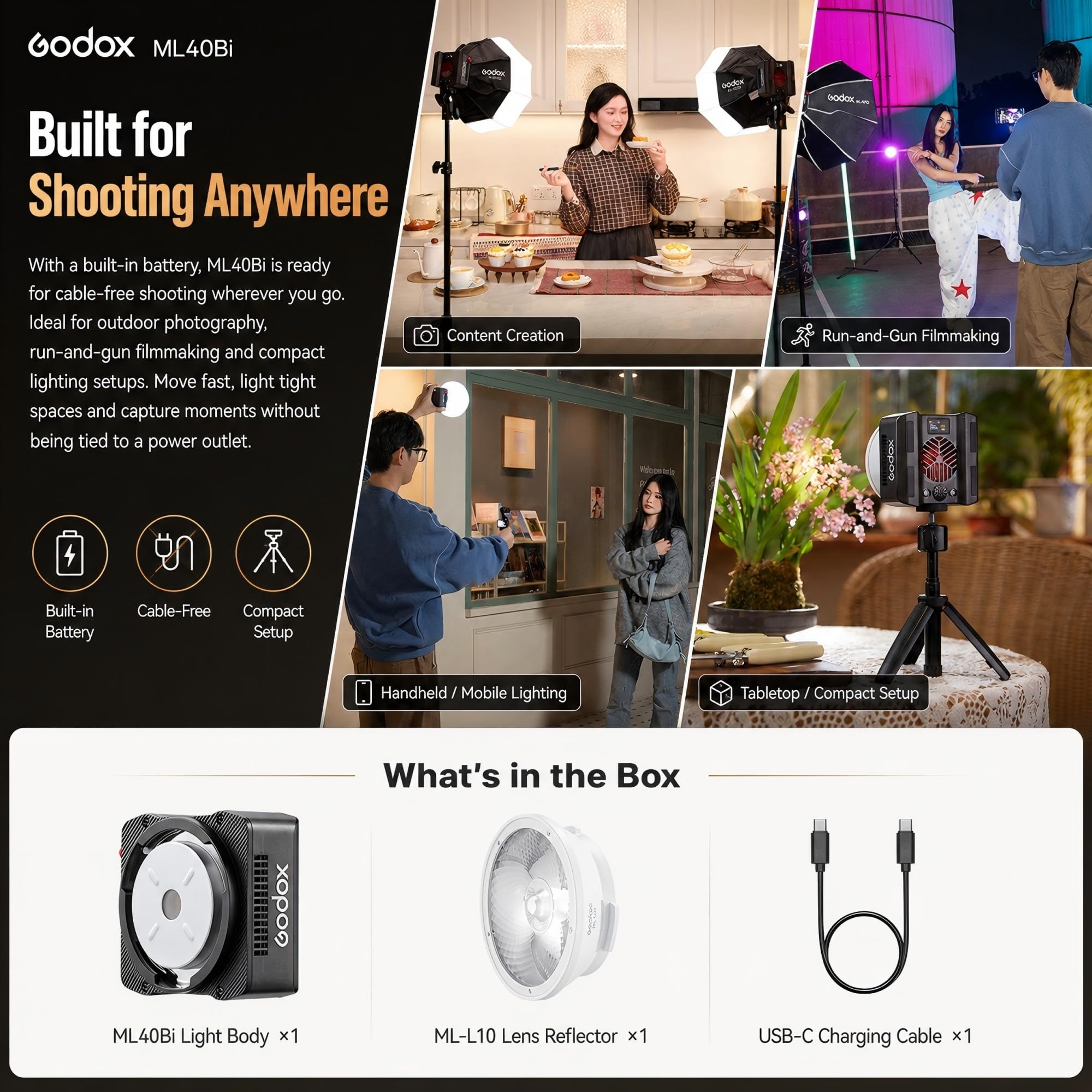 Godox ML40Bi LED-videolicht, dwukolorowe, 26400 luksów @ 1 m z reflektorem ML-L10, 2800 K-6500 K, CRI/TLCI 96+, 11 efektów FX, NFC-app, uchwyt Godox, USB-C do vlogowania