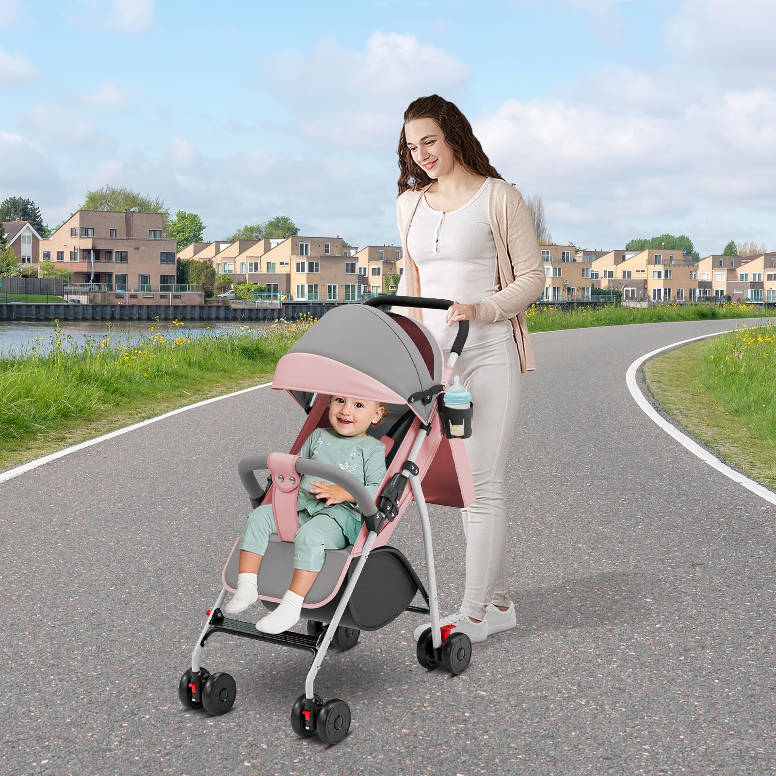 Homewell Passeggino da viaggio leggero, pieghevole, funzione sdraio, posizione sdraiata, passeggino compatto con zanzariere e tappetini e portabevande (rosa)