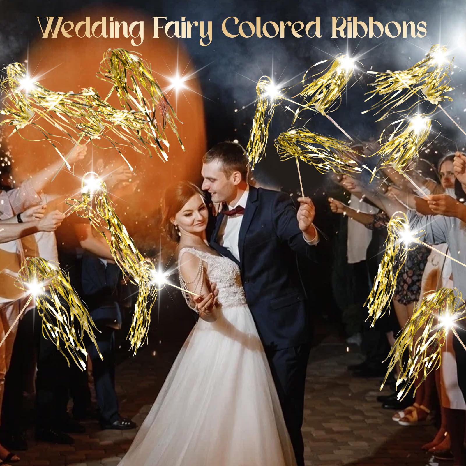 Drixbor - 100 varitas de boda iluminadas, serpentinas de oropel LED para envío de bodas y entrada grande, recuerdos de fiesta para bodas, cumpleaños, Navidad (dorado)