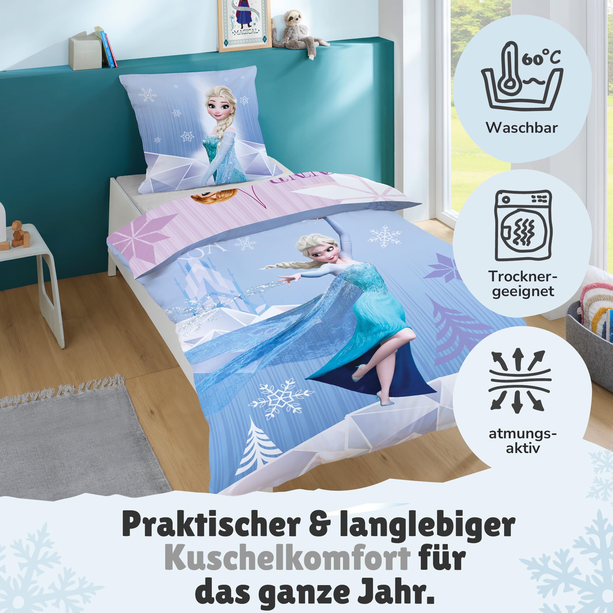 Familando Frozen Bettwäsche-Set (2-teilig) – Decken- & Kissenbezug 135x200 cm & 80x80 cm mit Reißverschluss – Flanell aus 100% Baumwolle – Wendemotiv mit Anna & ELSA – Öko-TEX Zertifiziert – Winter