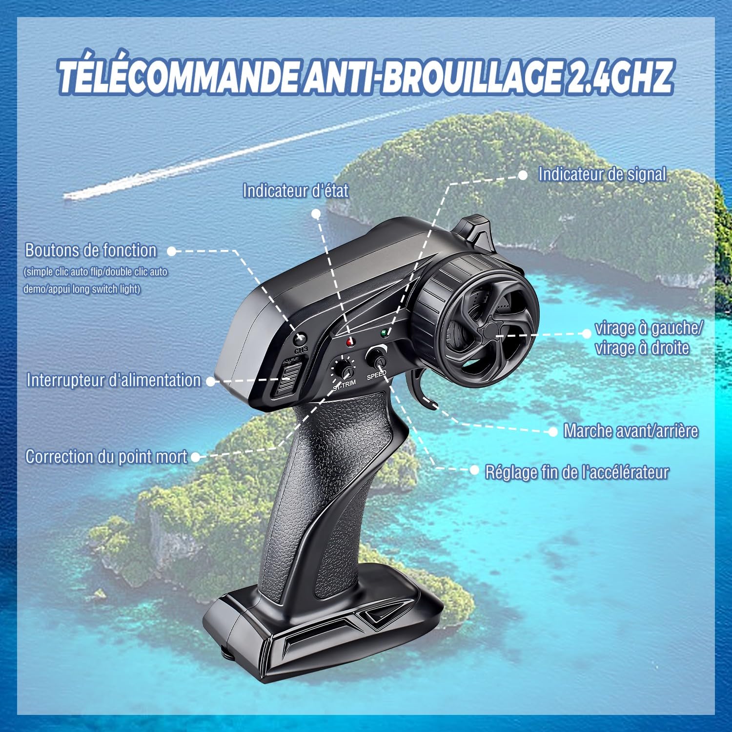 25 KM/H Bateau Télécommandé avec Lumière LED, 2,4 GHz Bateau Telecommandé Enfant, Bateaux Telecommande avec 2 Batteries pour 40 Minutes de Temps de Jeu, Cadeaux d'été pour Garçons et Filles (Bleu)