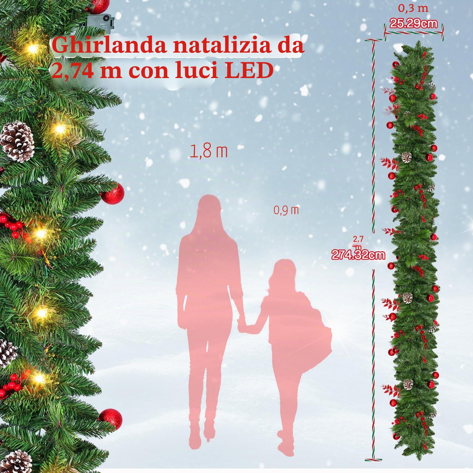 Ghirlanda Natalizia per Porta: 2,7M Ghirlanda Natale Decorazioni Artificiale con 30 LED, Scatola Batteria con Timer Impermeabile, Decorazione Natalizia per Balcone, Casa, Scale, Camino