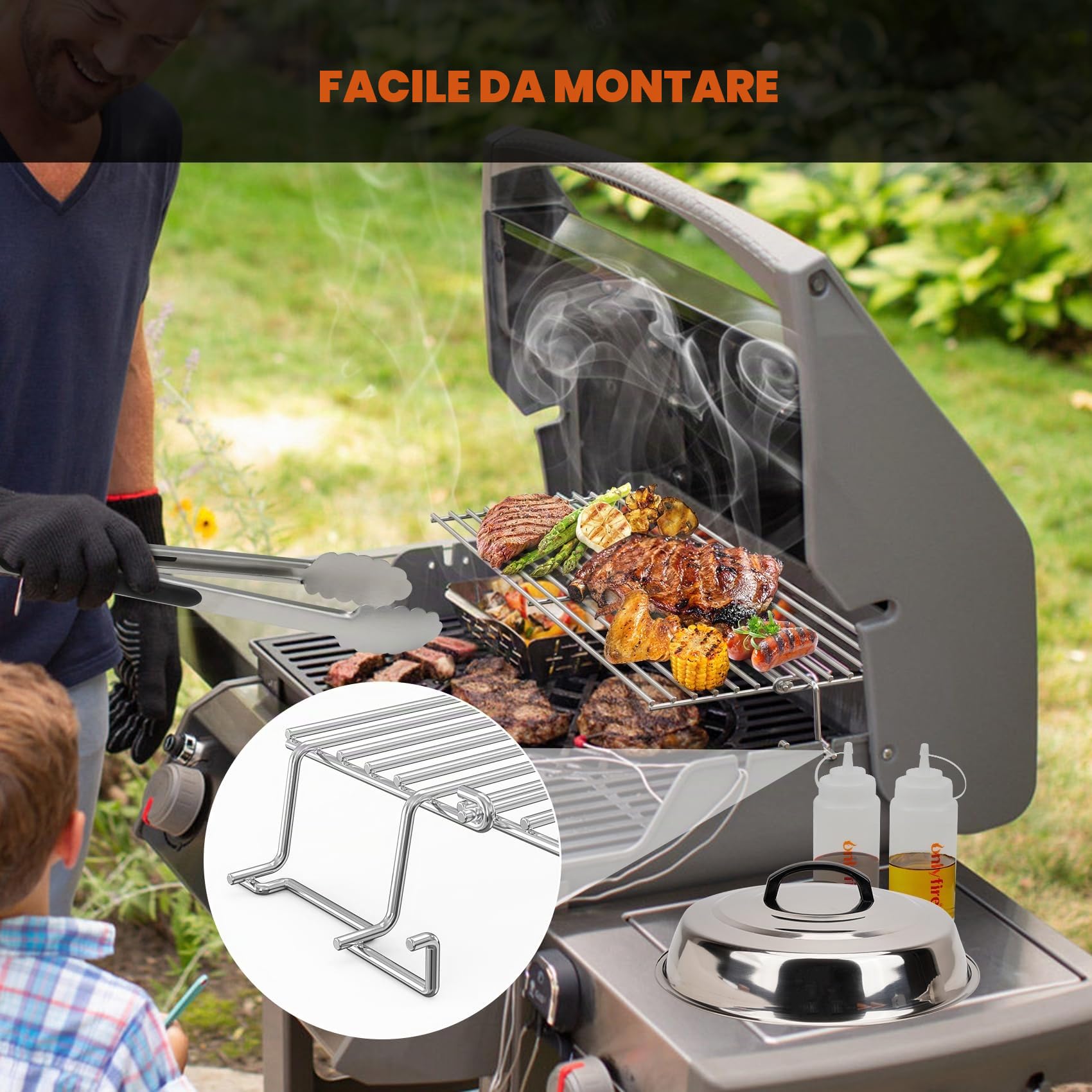 onlyfire Griglia di Riscaldamento BBQ in Acciaio Inox per Weber Spirit 300 Series con Comando Montato Frontalmente, Spirit II 300 Series, Spirit 400 Series, Grandi Griglie di Riscaldamento Pieghevoli