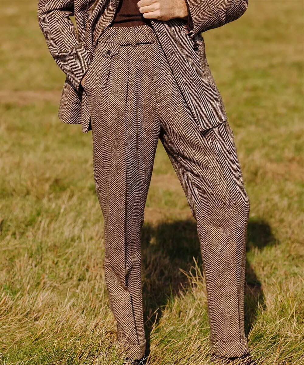 Men's High Waisted Tweed Dress Pants Pleated Front Vintage Wool Trousers - Image 2