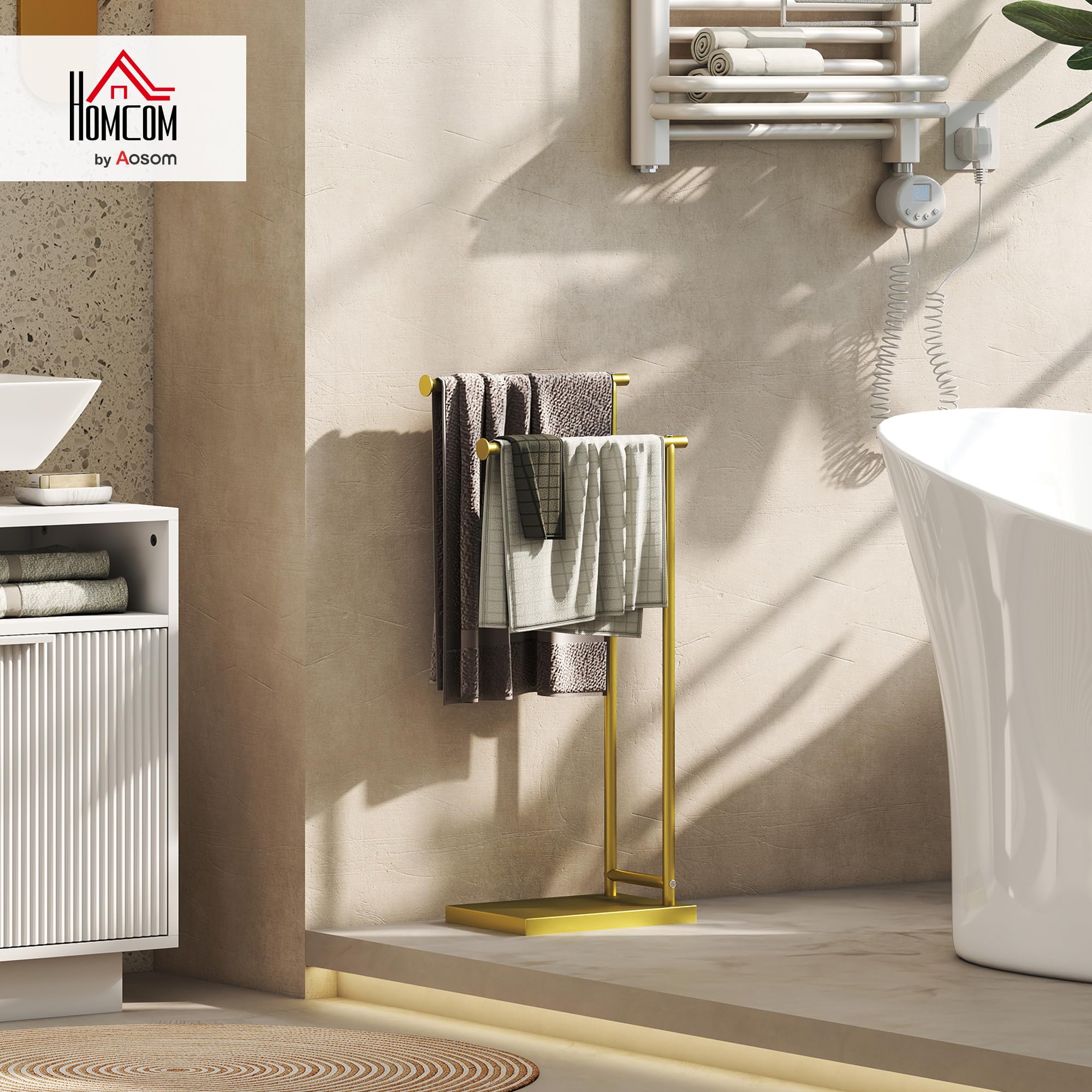 HOMCOM Porte-serviettes sur pied à 2 niveaux avec 2 barres 35,5 x 20 x 78 cm Doré | Porte-serviettes échelle de salle de bain, cadre métallique, style moderne, en forme de L