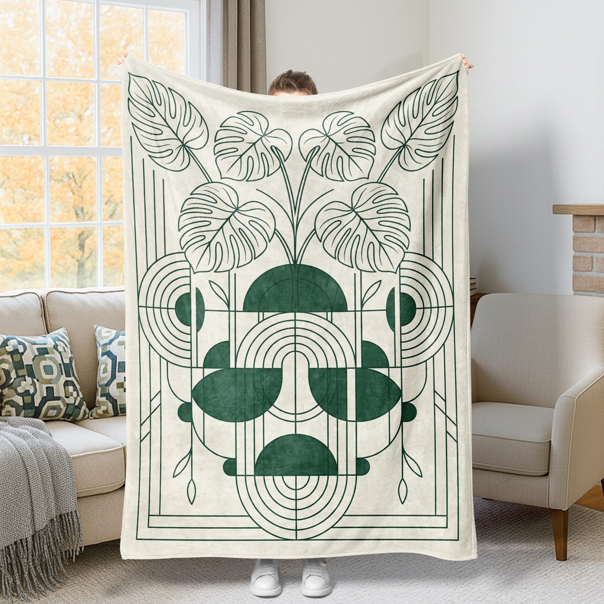 Couverture Monstera en flanelle douce et légère de 152x203 cm pour canapé et lit