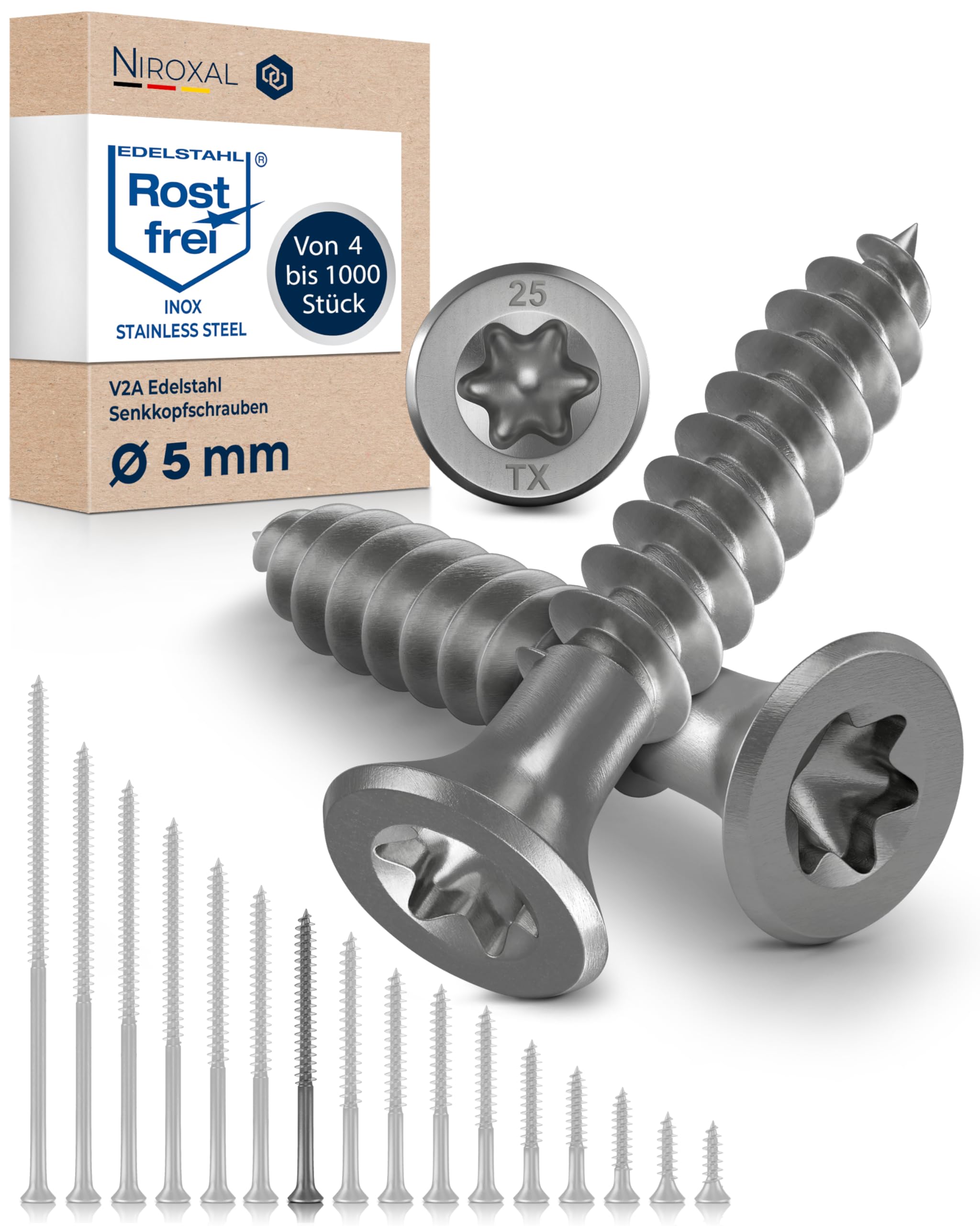 Edelstahlschrauben Torx Holzschrauben 5x60 Edelstahl V2A rostfrei Spanplattenschrauben für Holz Teilgewinde 5mm stark 60mm lang 100 Stück Schrauben Holz A1