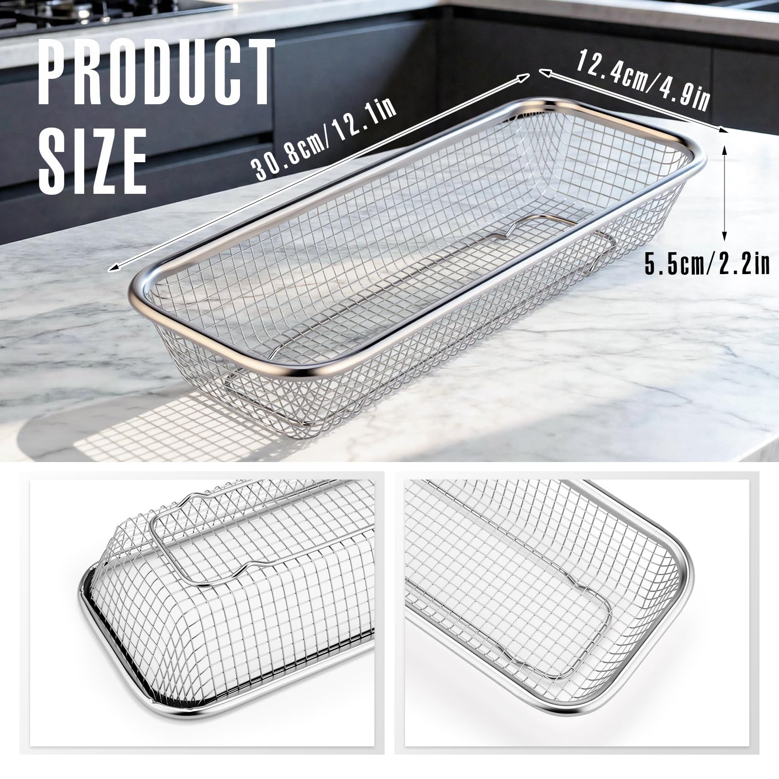 Paquete de 12 cestas de cubiertos de acero inoxidable de 12.1 x 4.9 x 2.2 pulgadas, organizador de cajones de cubiertos de cocina, apilable, cesta rectangular para utensilios para cuchillos