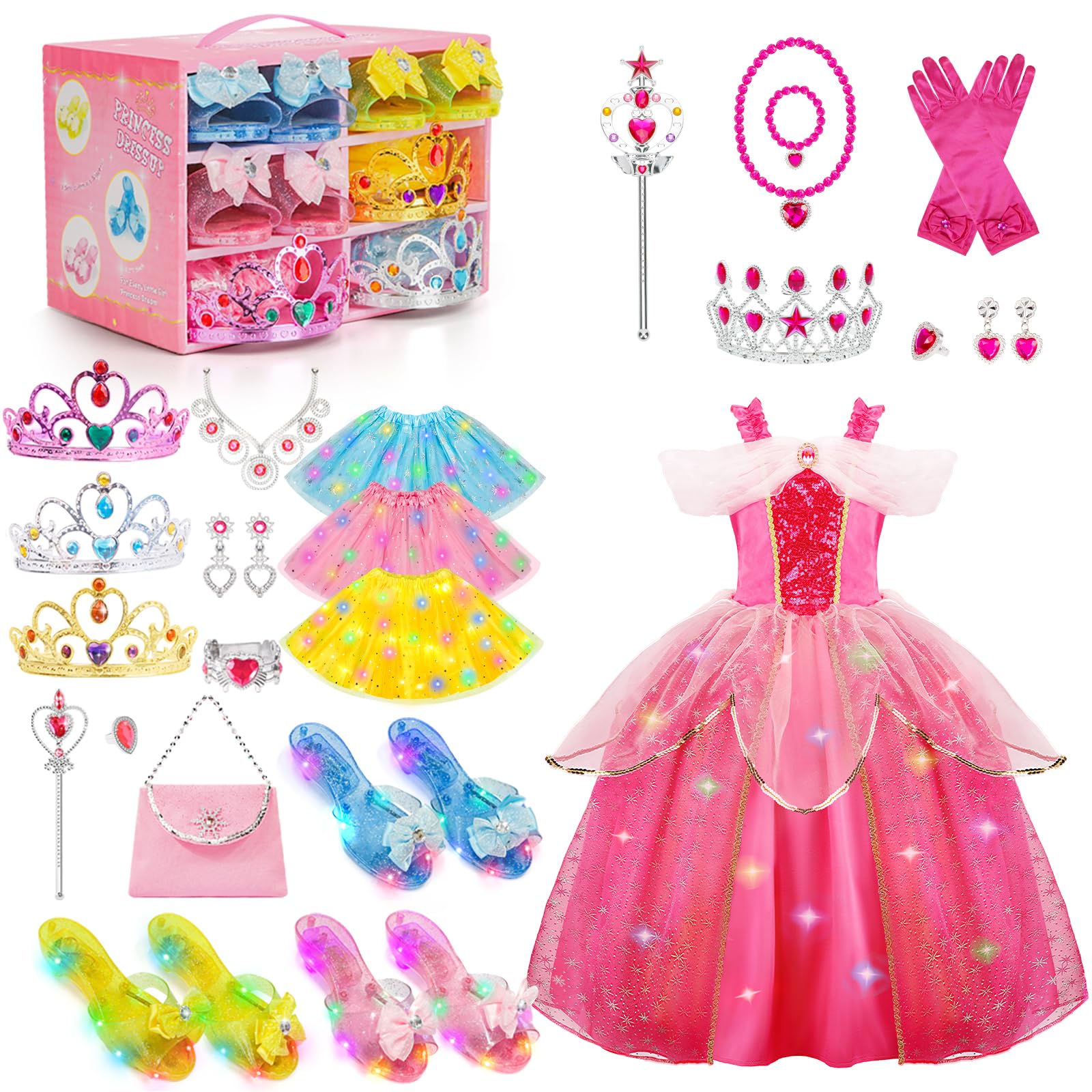 Meland Light Up Princess Dress & Shoes Set for Girls, Princess Costume with Light Up Princess Shoes, Toddler Dress Up Outfit for Pretend Play, Birthday Gift for Girls